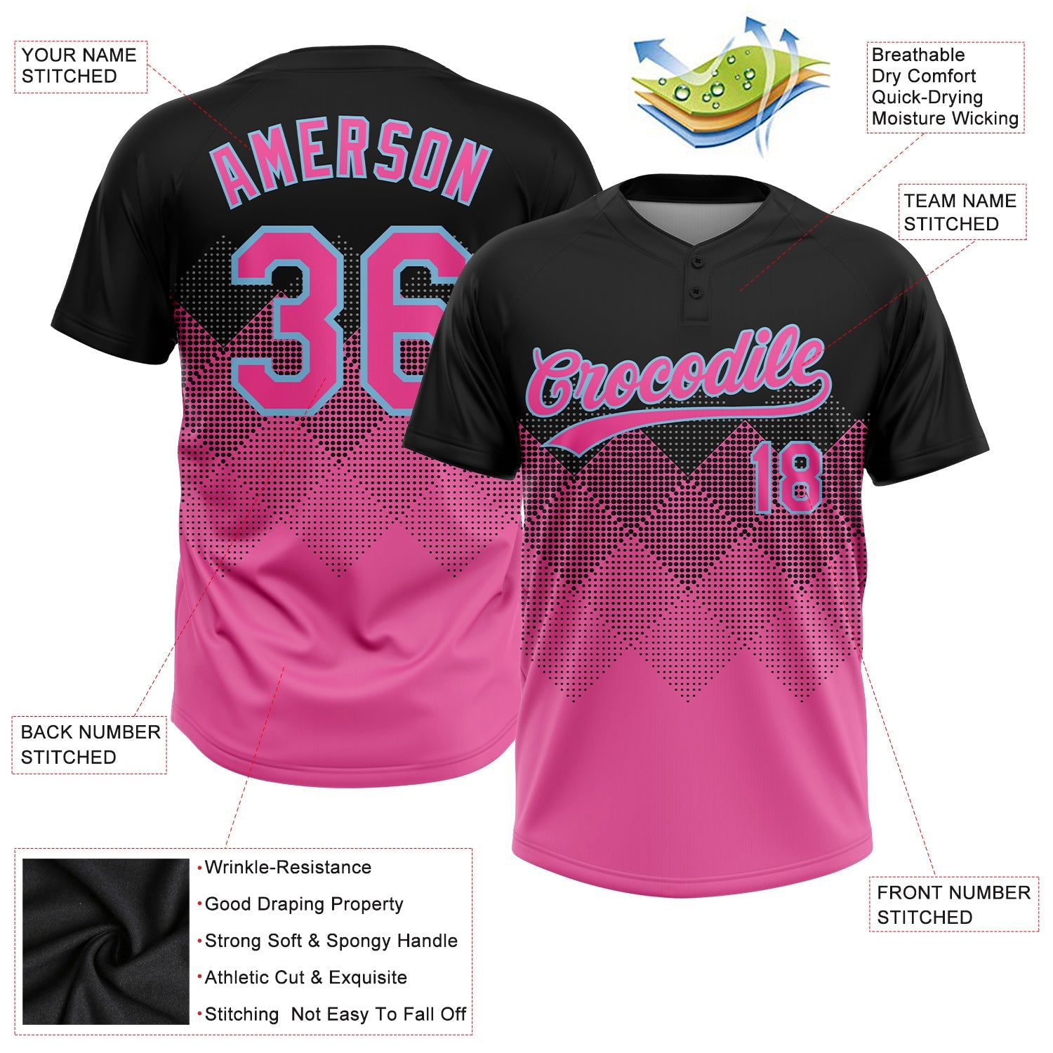 Custom Black Pink-Light Blue 3D Pattern Gradient Square Shapes Two-Button Unisex Softball Jersey view 3