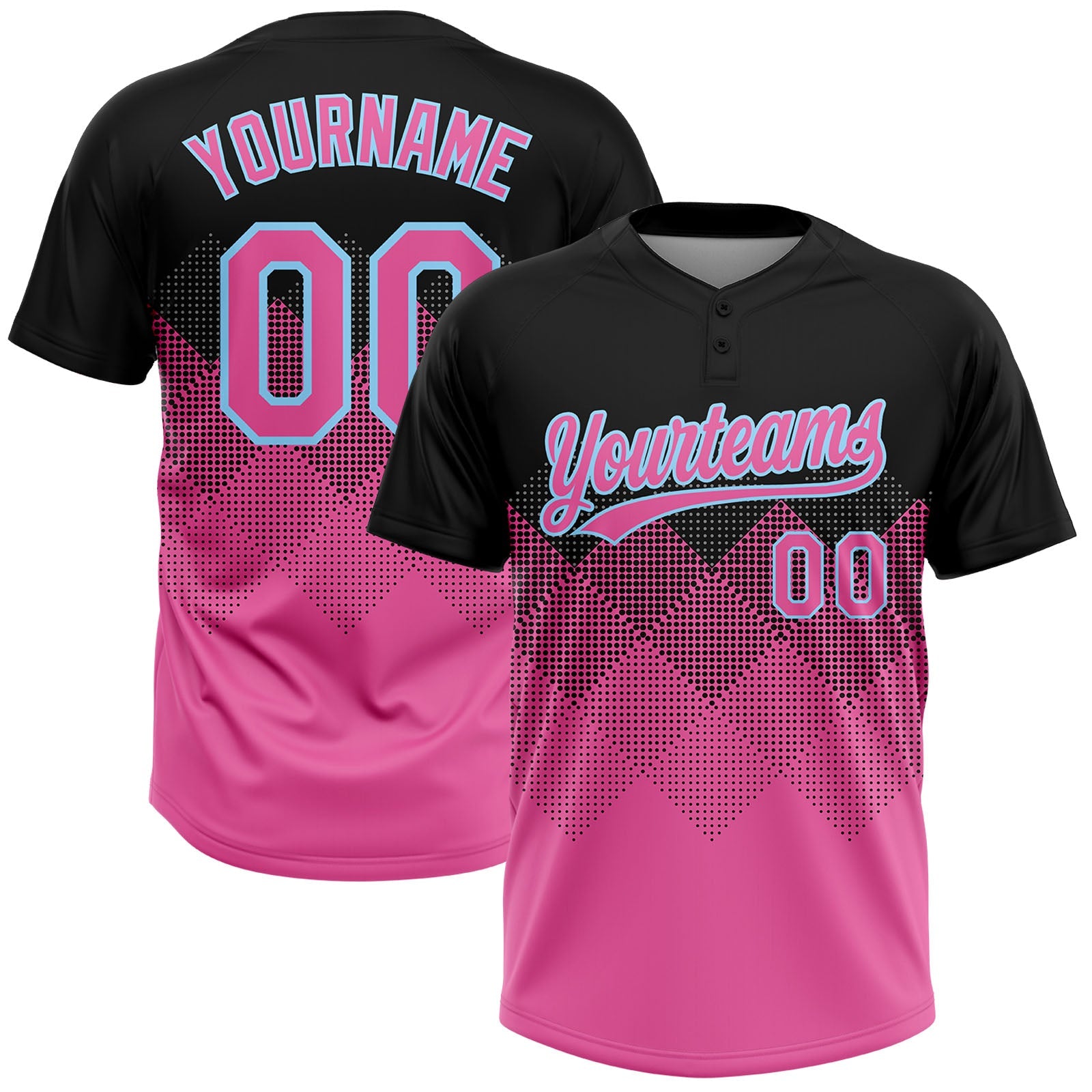 Custom Black Pink-Light Blue 3D Pattern Gradient Square Shapes Two-Button Unisex Softball Jersey - Main View