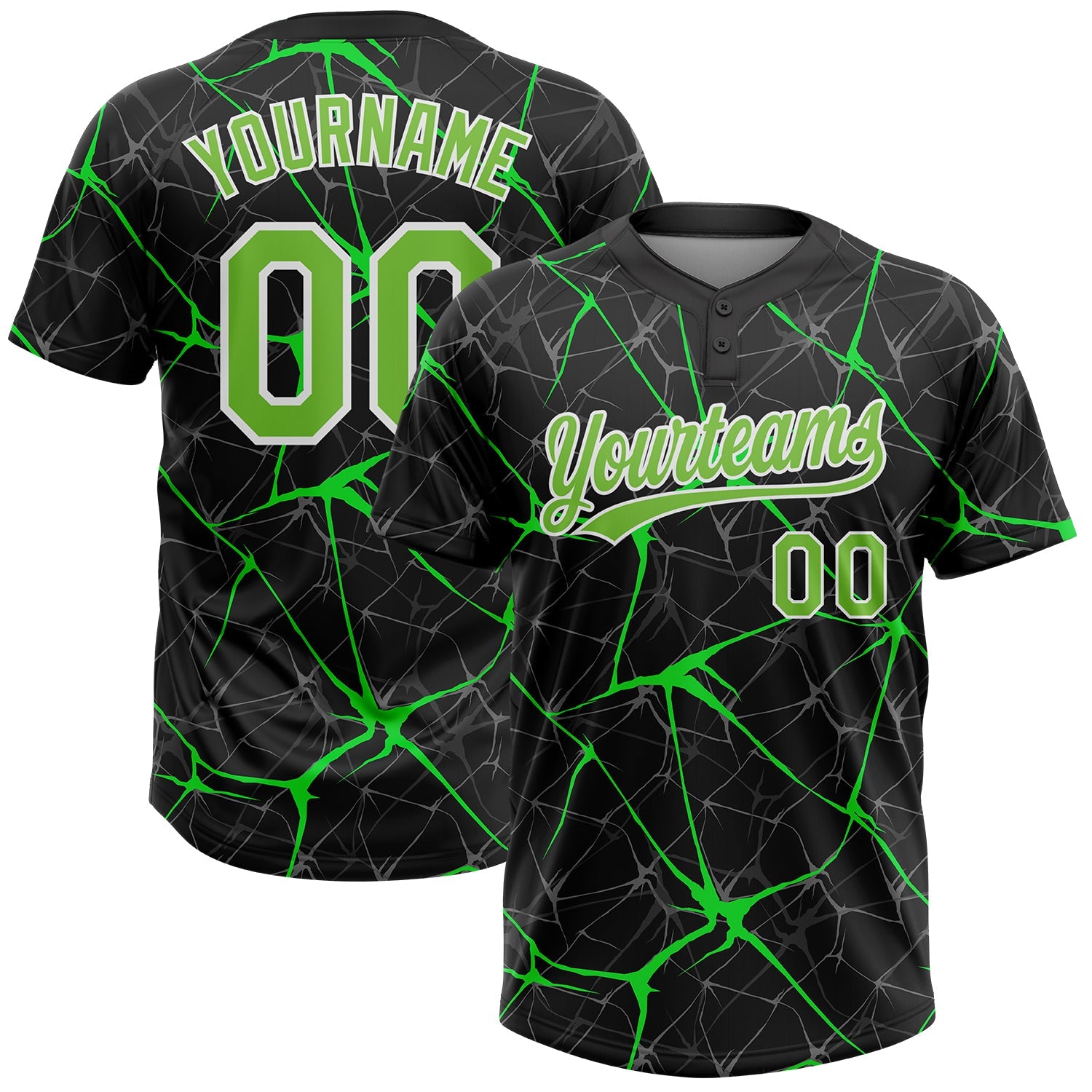Custom Black Neon Green-Kelly Green 3D Pattern Two-Button Unisex Softball Jersey - Main View