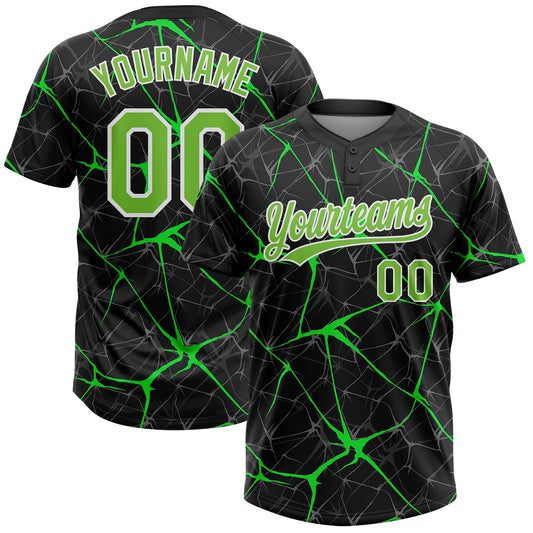 Custom Black Neon Green-Kelly Green 3D Pattern Two-Button Unisex Softball Jersey - Main View