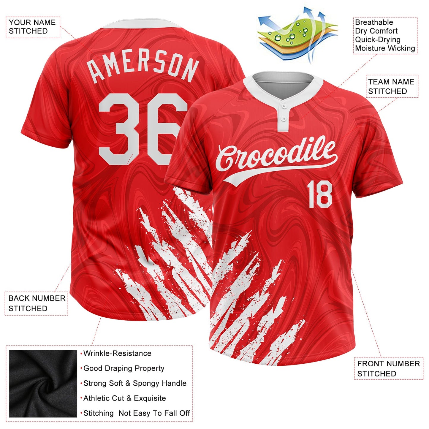 Custom Red White 3D Pattern Two-Button Unisex Softball Jersey view 3