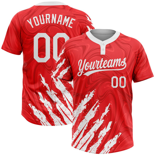 Custom Red White 3D Pattern Two-Button Unisex Softball Jersey - Main View
