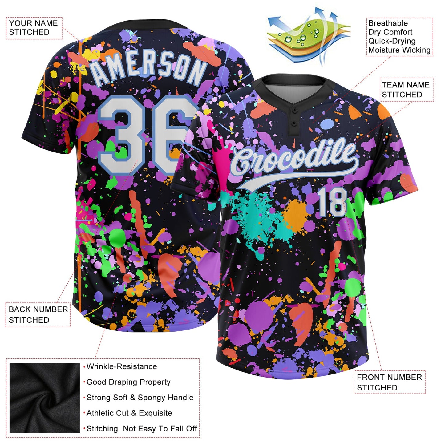 Custom Graffiti Pattern White-Light Blue 3D Two-Button Unisex Softball Jersey view 3