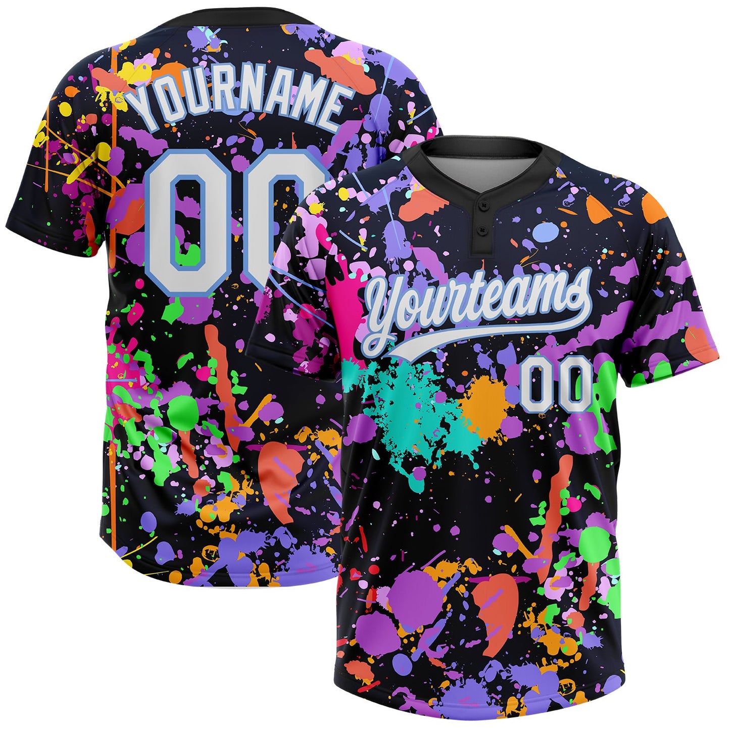 Custom Graffiti Pattern White-Light Blue 3D Two-Button Unisex Softball Jersey - Main View