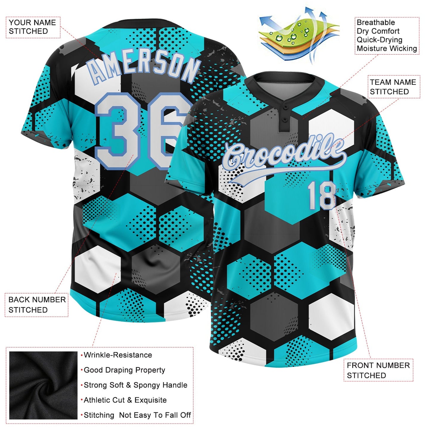 Custom Sky Blue White Black-Light Blue 3D Pattern Two-Button Unisex Softball Jersey view 3