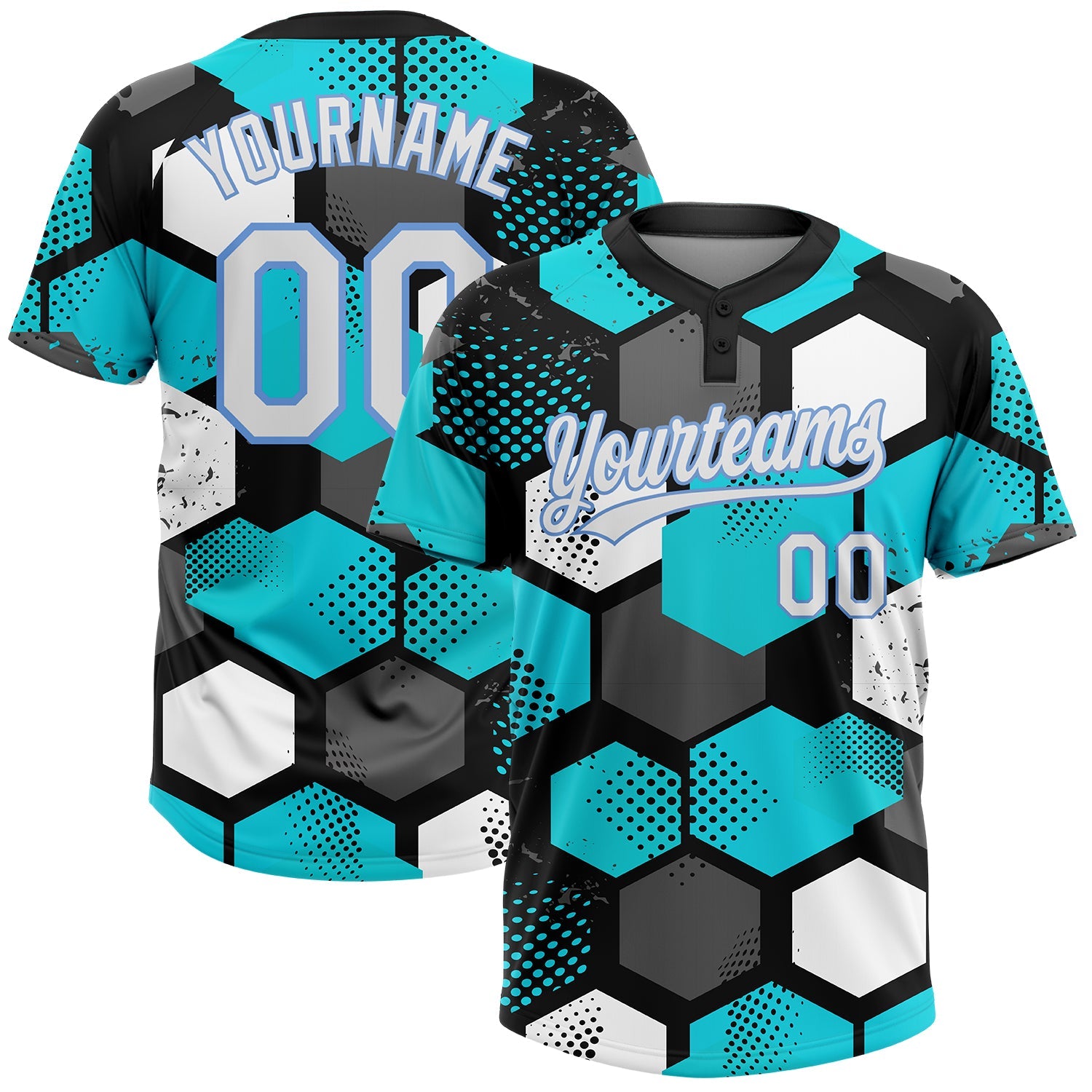 Custom Sky Blue White Black-Light Blue 3D Pattern Two-Button Unisex Softball Jersey - Main View