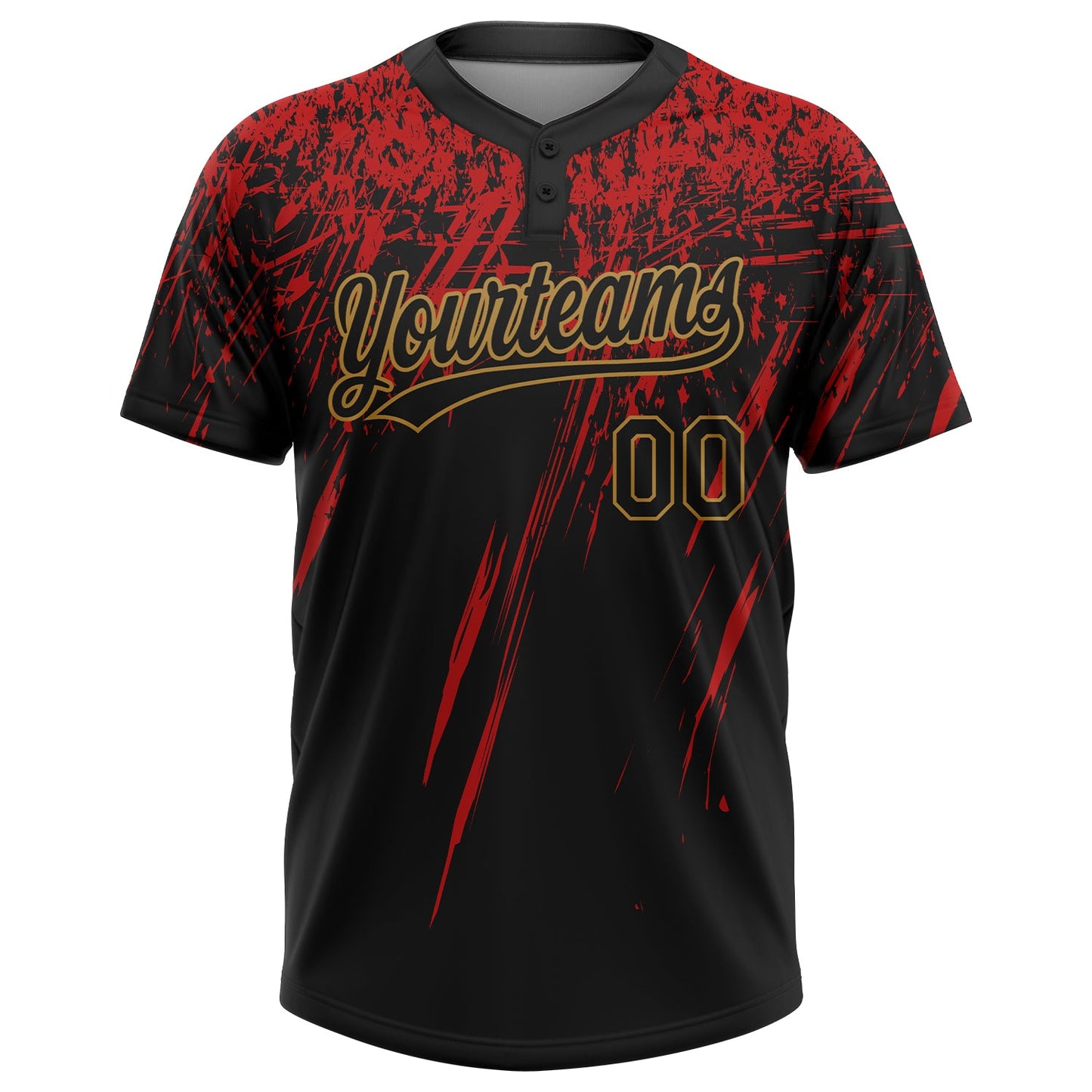 Custom Black Black Red-Old Gold 3D Pattern Two-Button Unisex Softball Jersey view 2