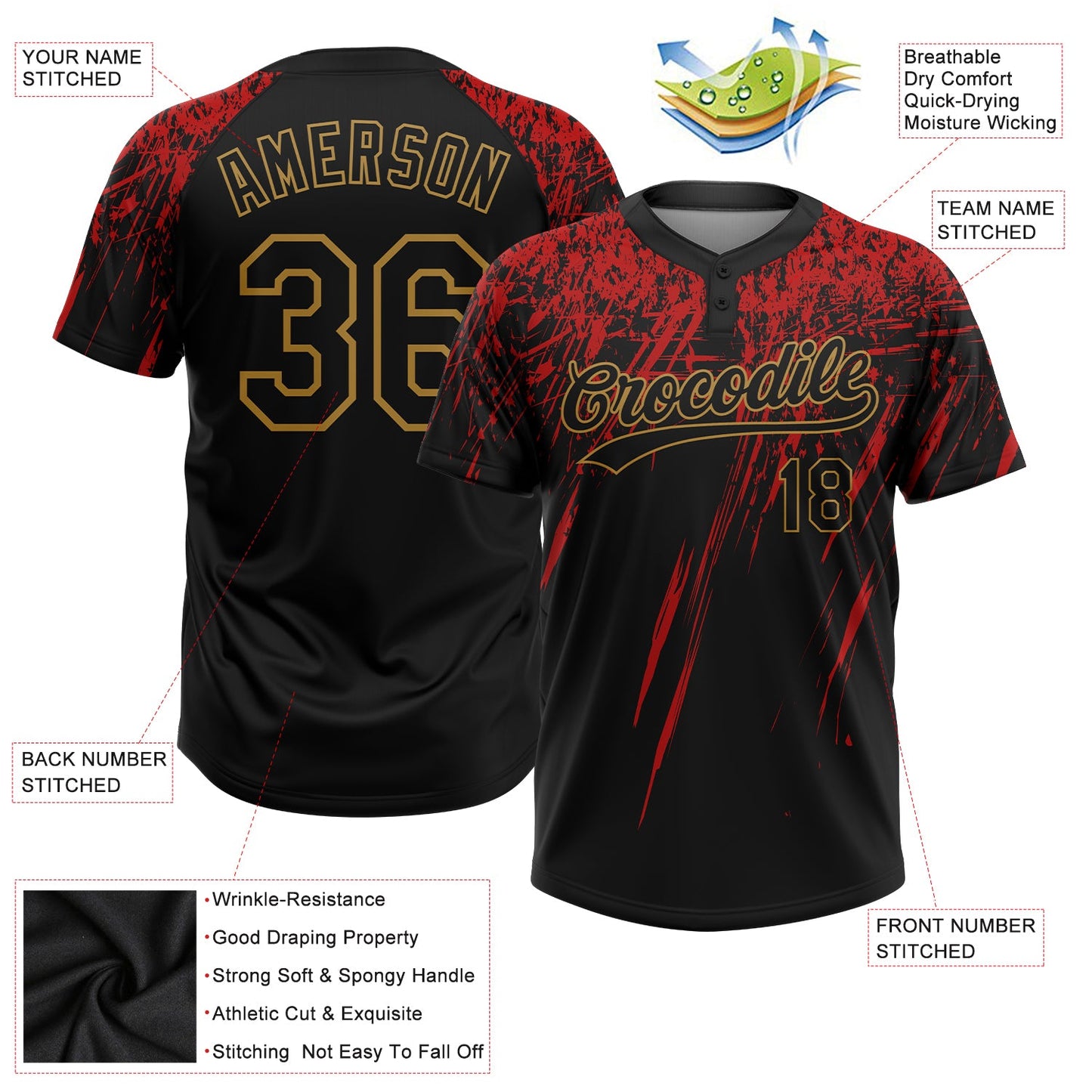Custom Black Black Red-Old Gold 3D Pattern Two-Button Unisex Softball Jersey view 3