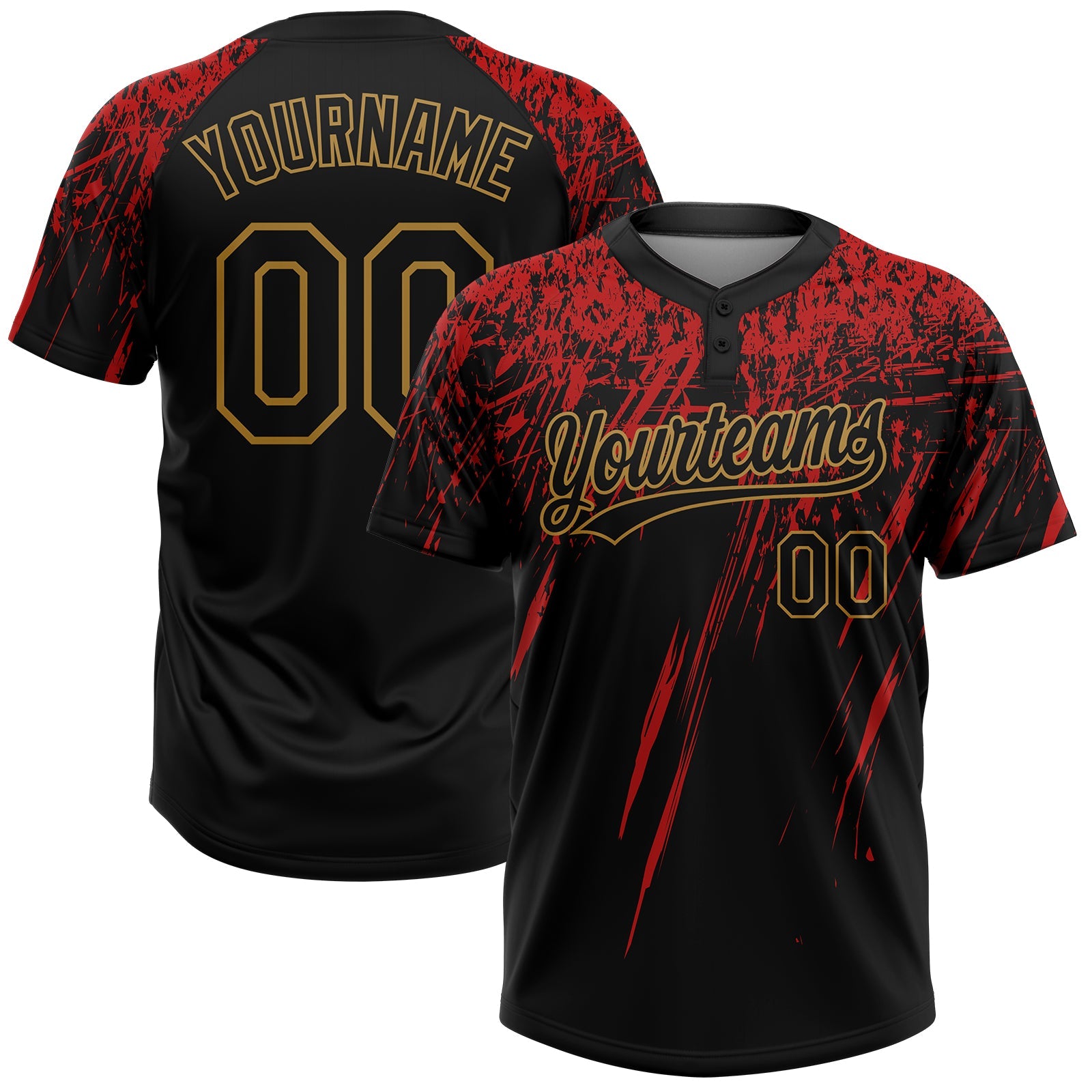 Custom Black Black Red-Old Gold 3D Pattern Two-Button Unisex Softball Jersey - Main View