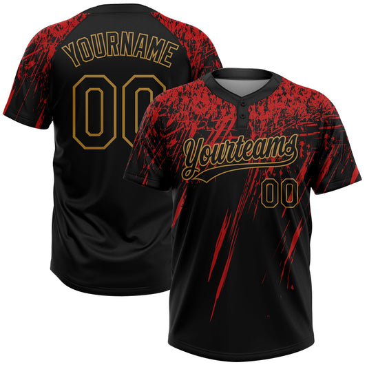 Custom Black Black Red-Old Gold 3D Pattern Two-Button Unisex Softball Jersey - Main View