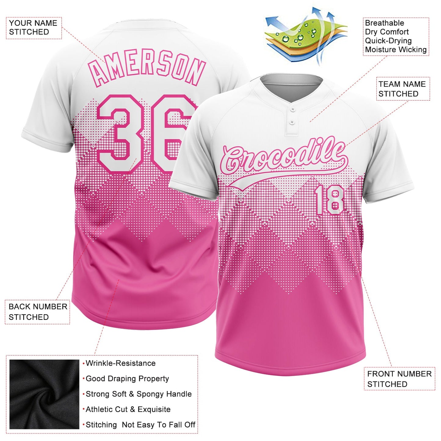 Custom Pink White 3D Pattern Gradient Square Shapes Two-Button Unisex Softball Jersey view 3