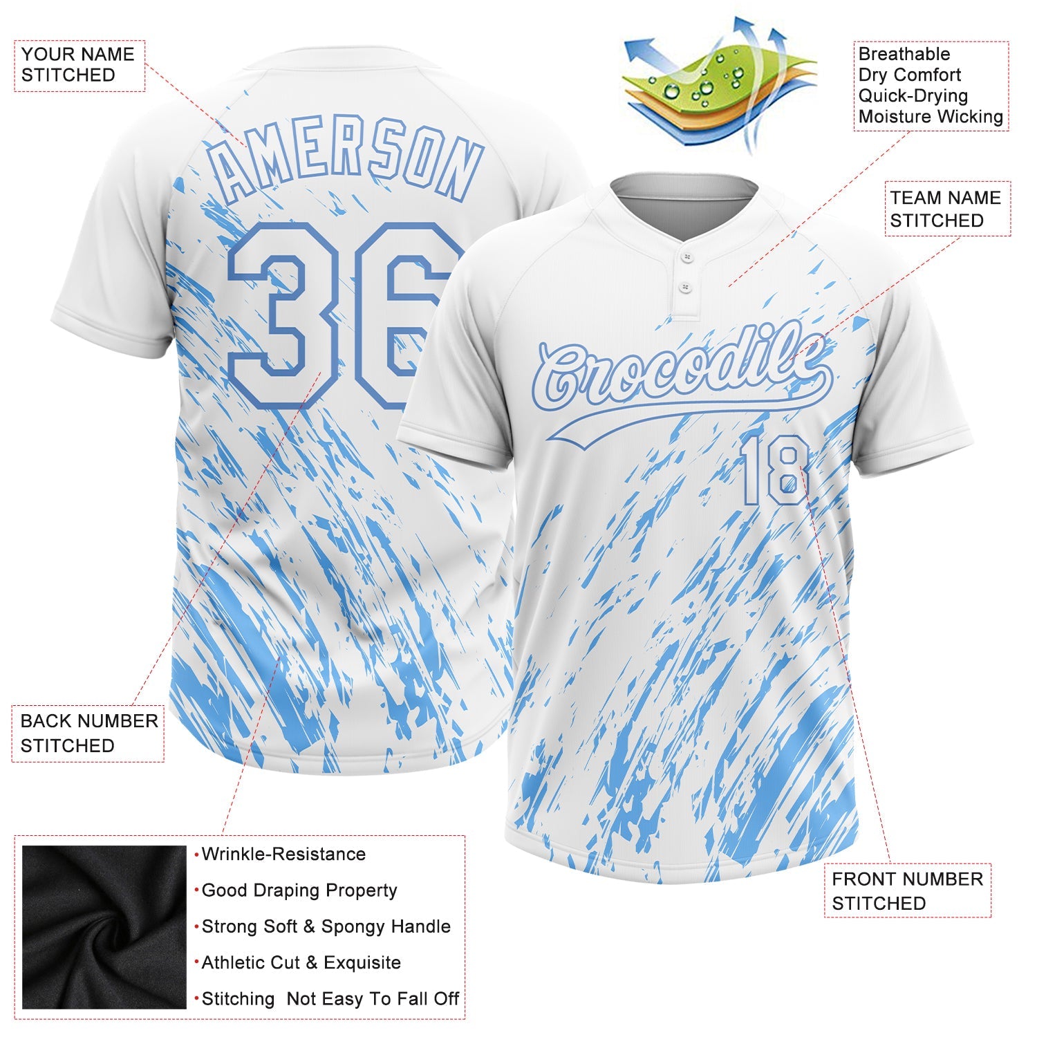Custom White White-Light Blue 3D Pattern Two-Button Unisex Softball Jersey view 3