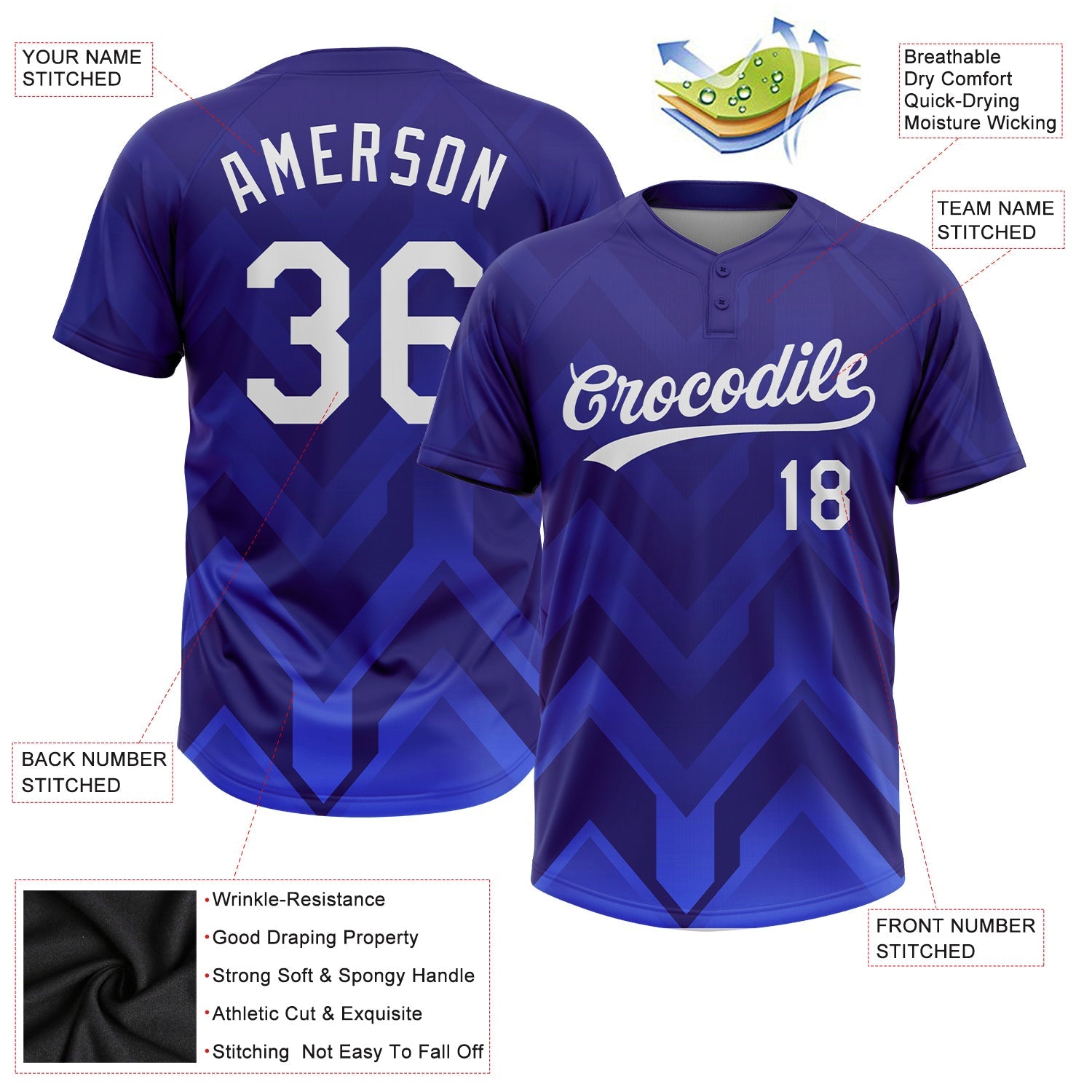 Custom Dark Purple White-Royal 3D Pattern Two-Button Unisex Softball Jersey view 3