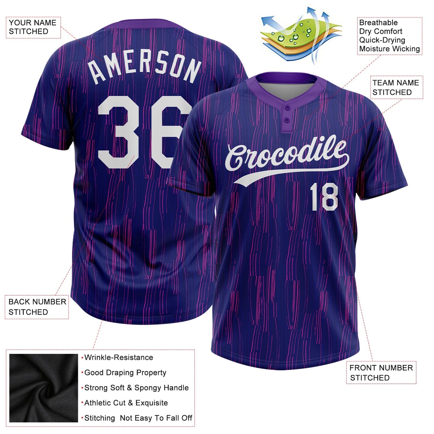 Custom Purple White 3D Pattern Two-Button Unisex Softball Jersey view 3