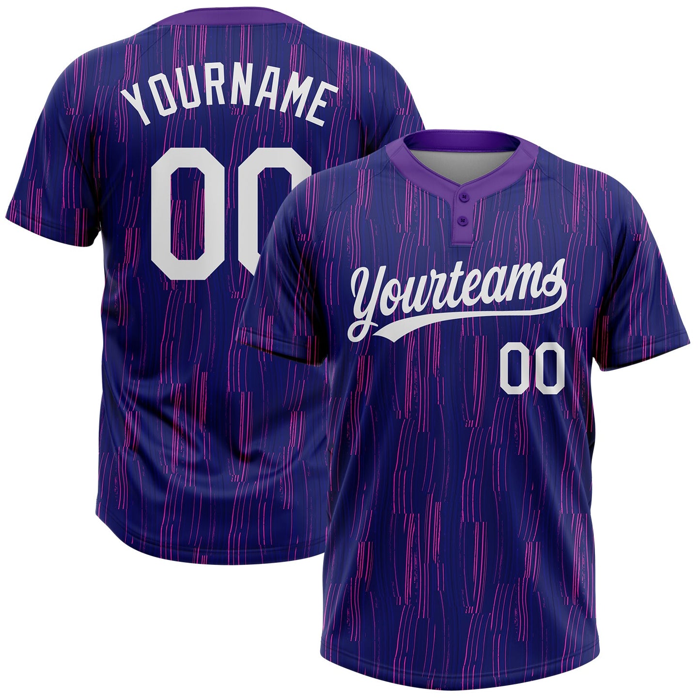 Custom Purple White 3D Pattern Two-Button Unisex Softball Jersey - Main View