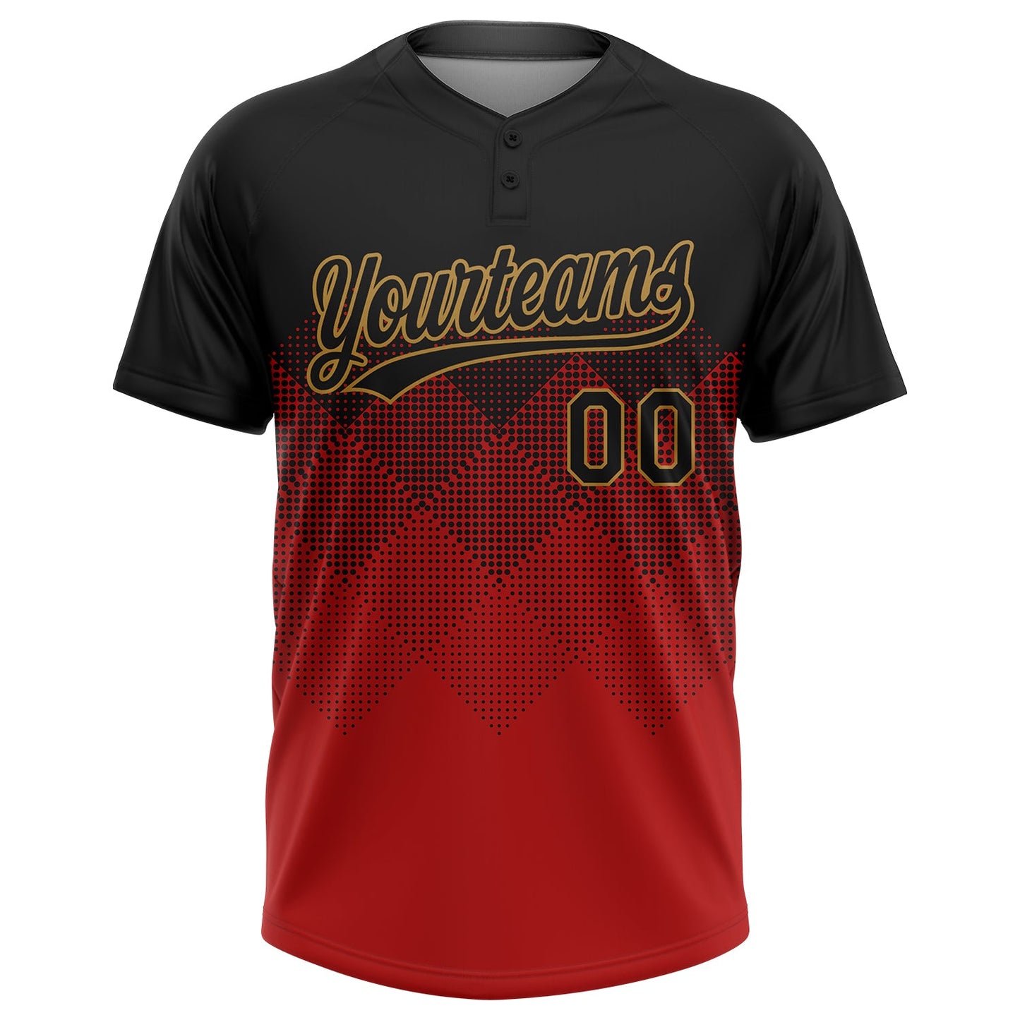 Custom Red Black-Old Gold 3D Pattern Gradient Square Shapes Two-Button Unisex Softball Jersey view 2