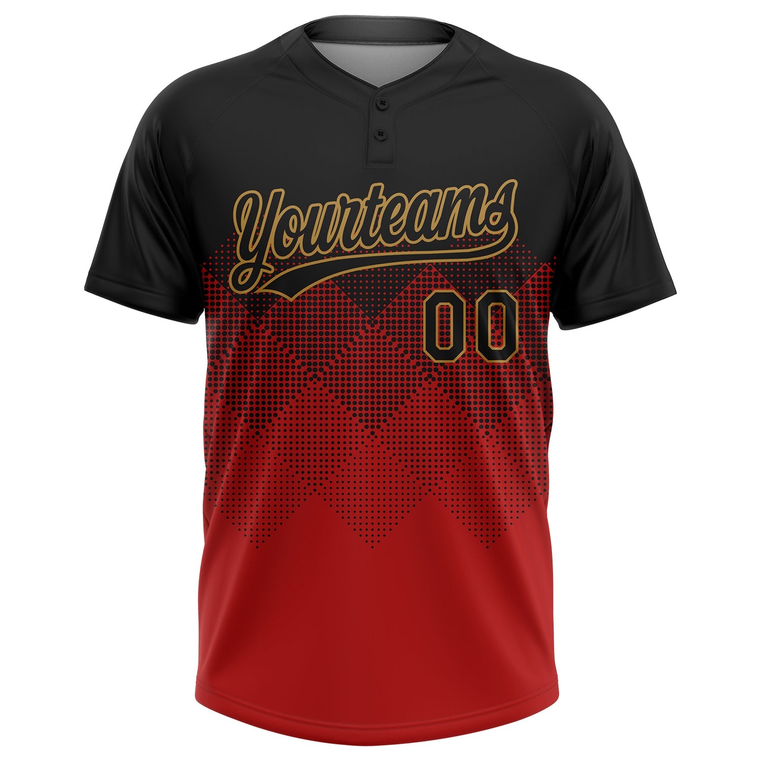 Custom Red Black-Old Gold 3D Pattern Gradient Square Shapes Two-Button Unisex Softball Jersey view 2
