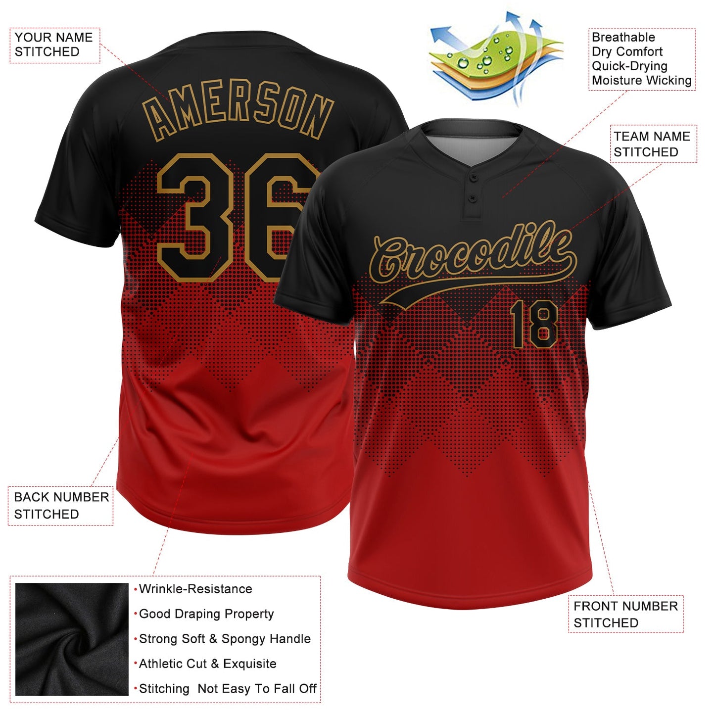 Custom Red Black-Old Gold 3D Pattern Gradient Square Shapes Two-Button Unisex Softball Jersey view 3
