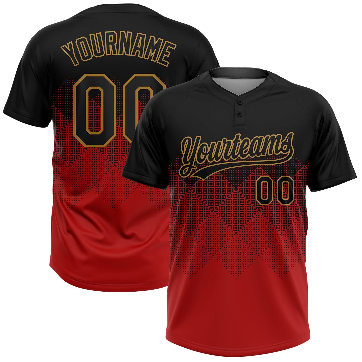 Custom Red Black-Old Gold 3D Pattern Gradient Square Shapes Two-Button Unisex Softball Jersey - Main View