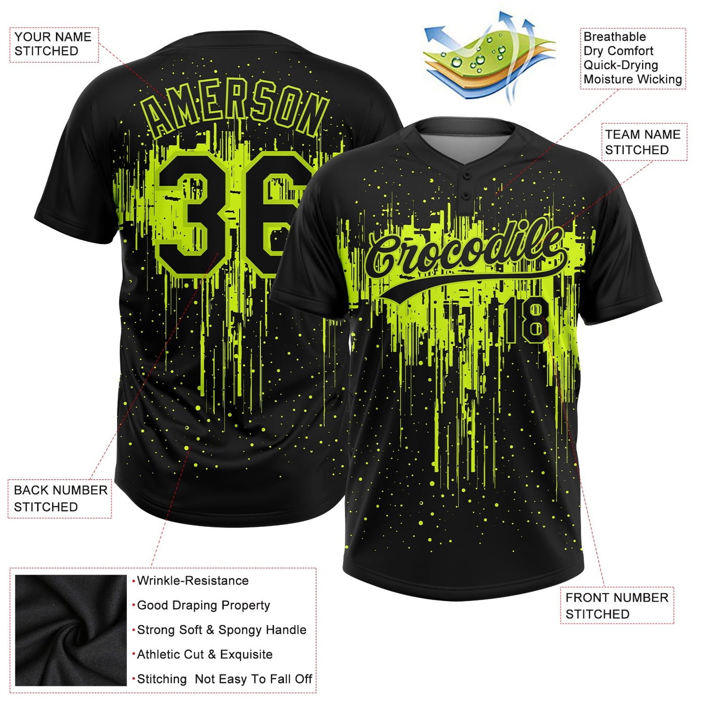 Custom Black Black-Neon Green 3D Pattern Two-Button Unisex Softball Jersey view 3