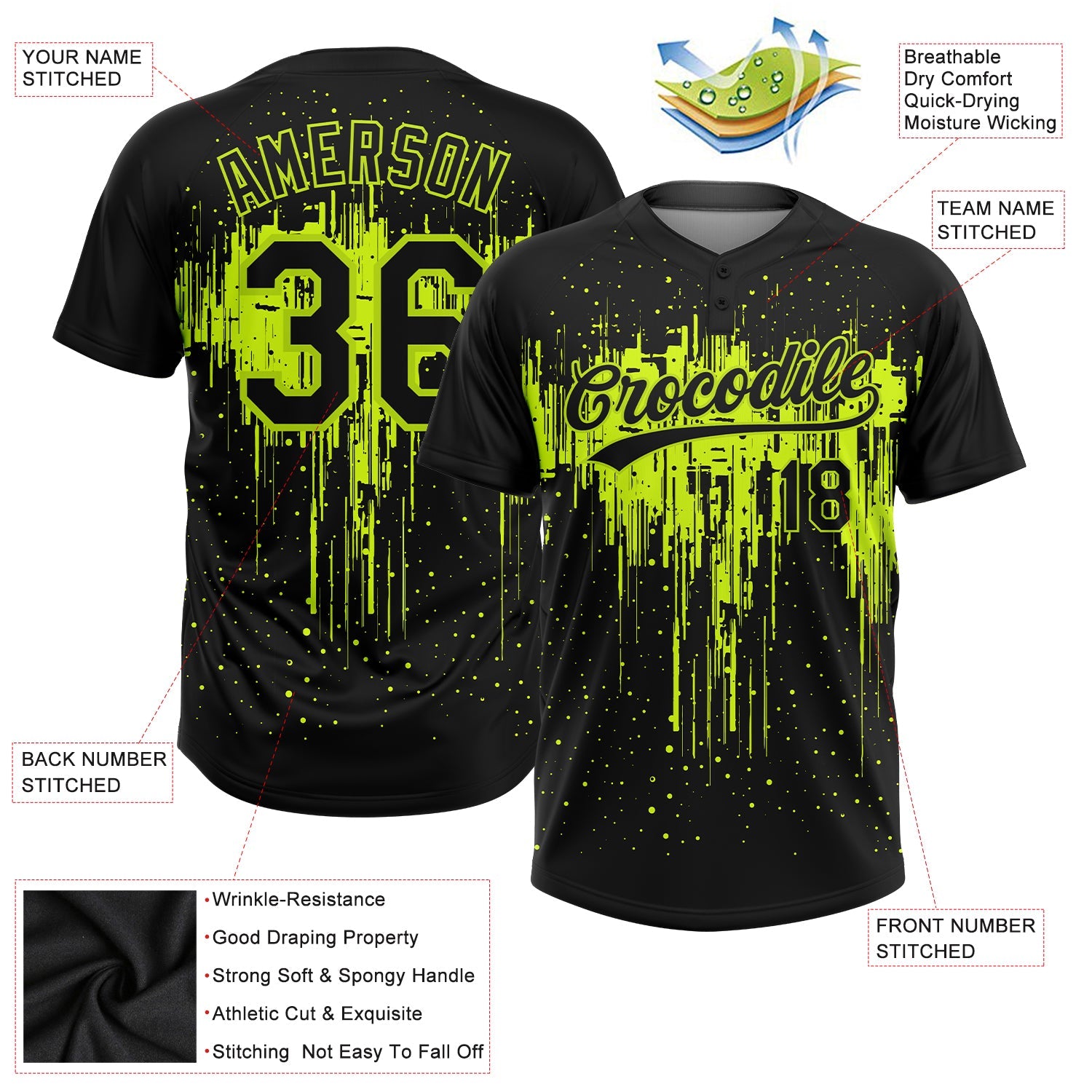 Custom Black Black-Neon Green 3D Pattern Two-Button Unisex Softball Jersey view 3