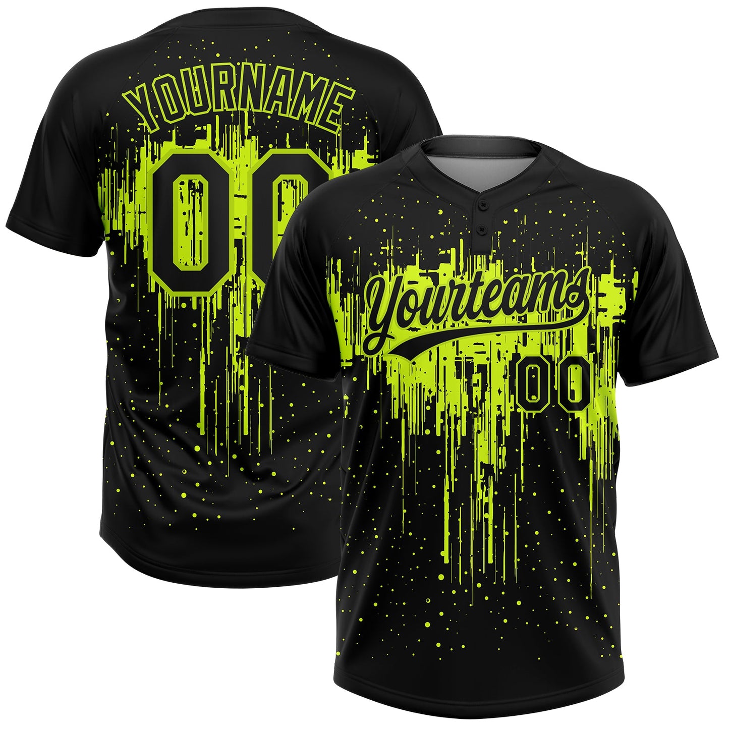 Custom Black Black-Neon Green 3D Pattern Two-Button Unisex Softball Jersey - Main View