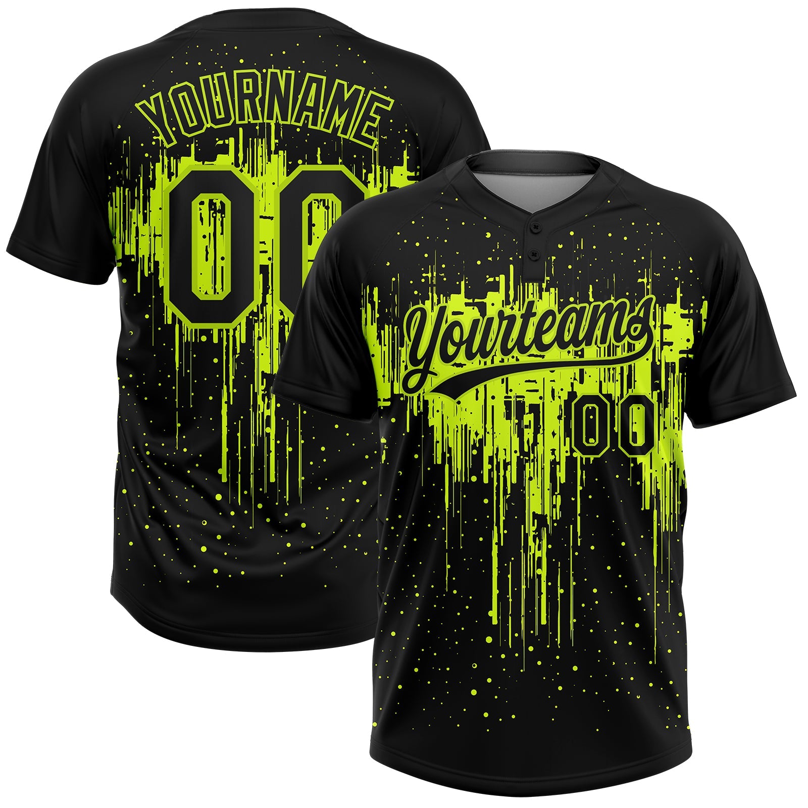 Custom Black Black-Neon Green 3D Pattern Two-Button Unisex Softball Jersey - Main View