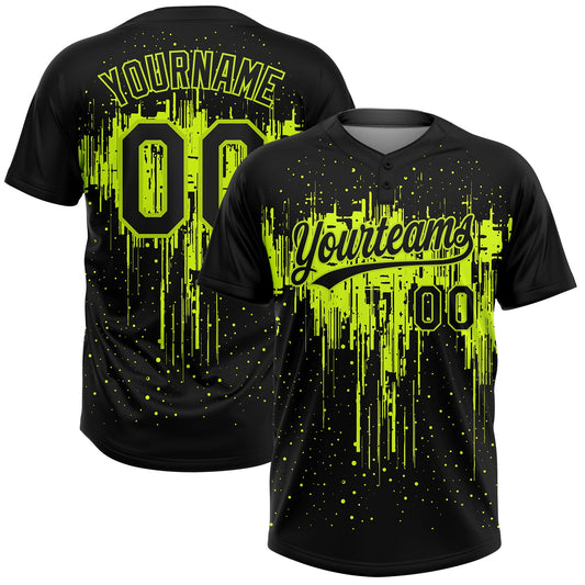 Custom Black Black-Neon Green 3D Pattern Two-Button Unisex Softball Jersey - Main View