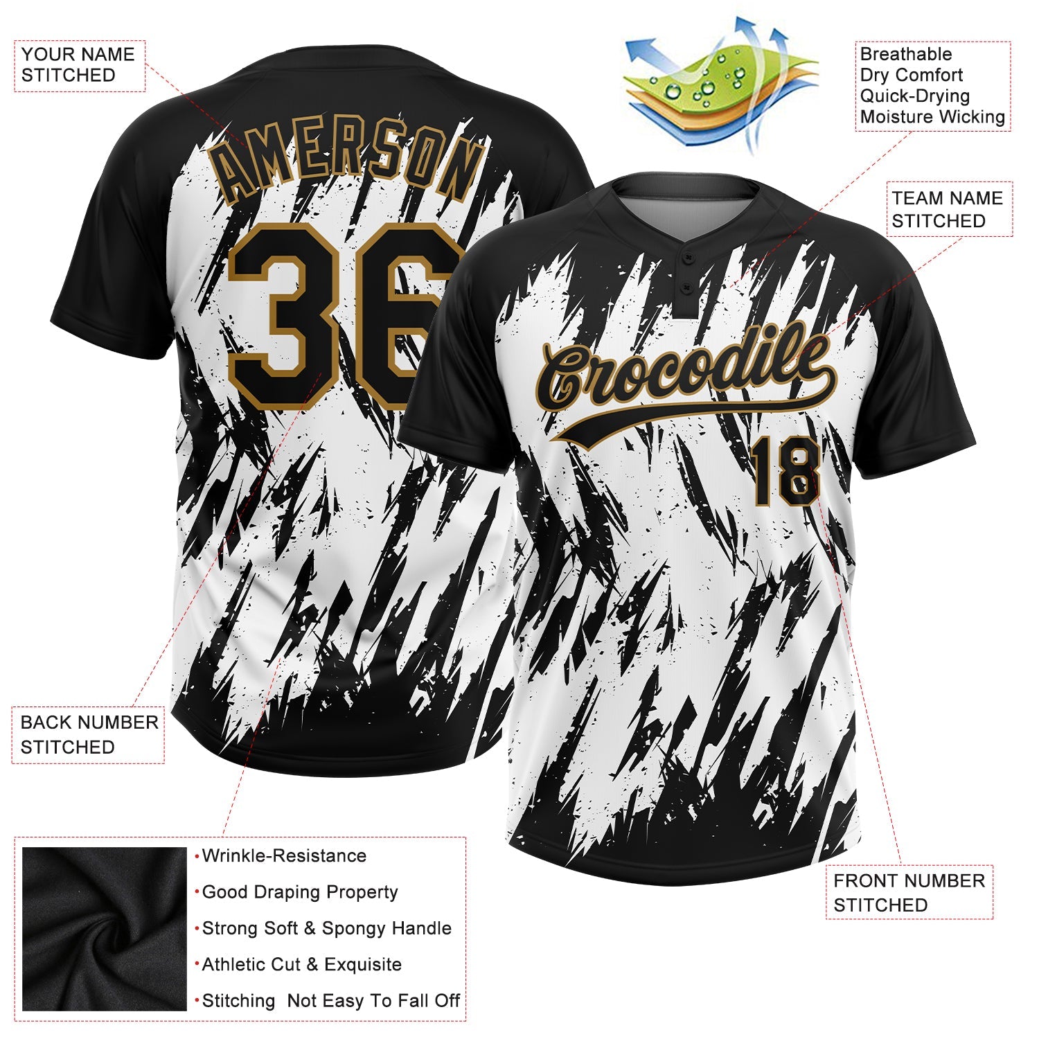 Custom White Black-Old Gold 3D Pattern Two-Button Unisex Softball Jersey view 3