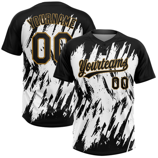 Custom White Black-Old Gold 3D Pattern Two-Button Unisex Softball Jersey - Main View