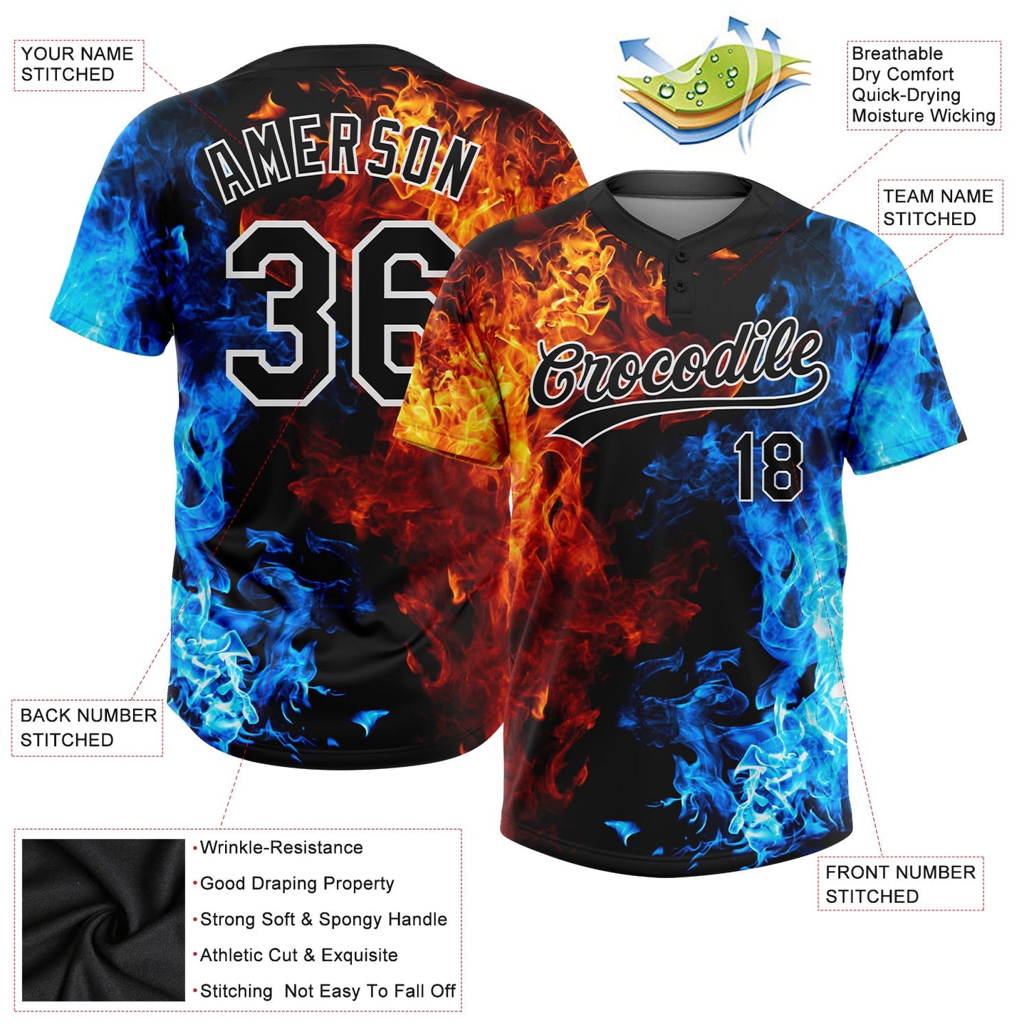 Custom Figure Black-White 3D Pattern Flame Two-Button Unisex Softball Jersey view 3