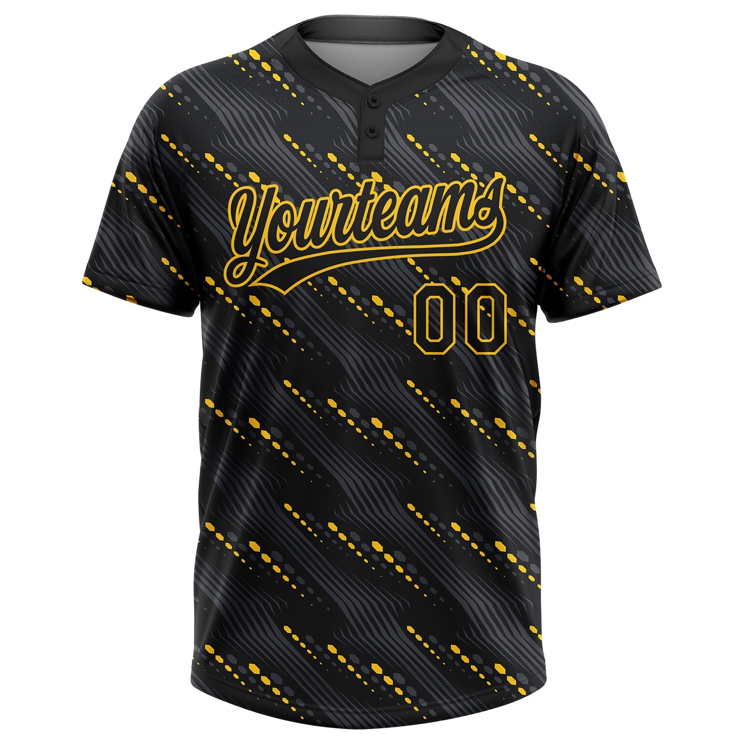 Custom Black Black-Gold 3D Pattern Two-Button Unisex Softball Jersey view 2