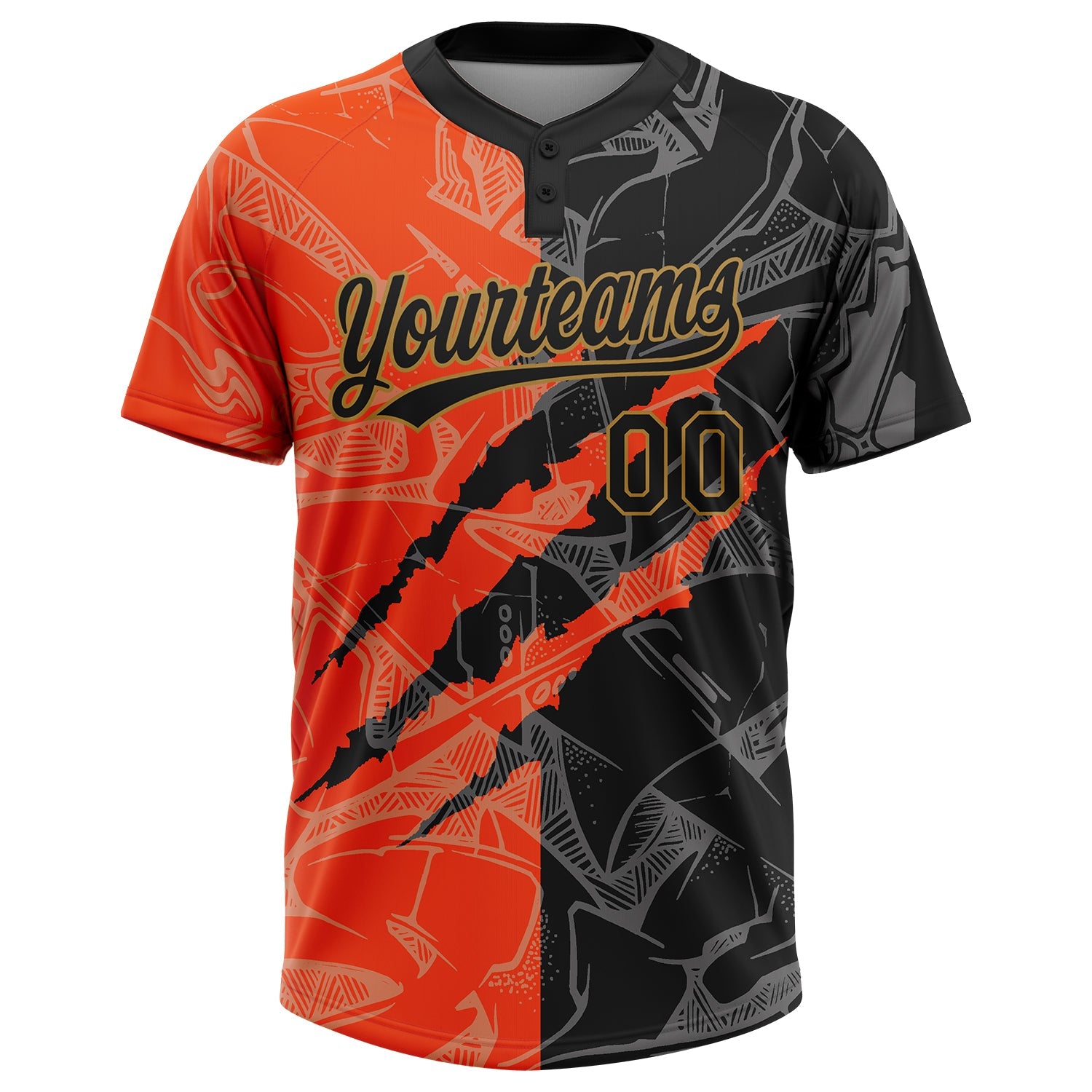 Custom Graffiti Pattern Black-Old Gold 3D Two-Button Unisex Softball Jersey view 2
