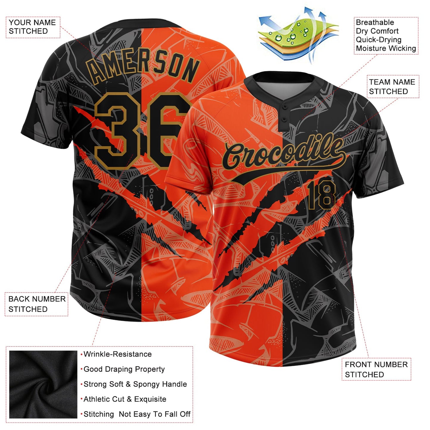 Custom Graffiti Pattern Black-Old Gold 3D Two-Button Unisex Softball Jersey view 3