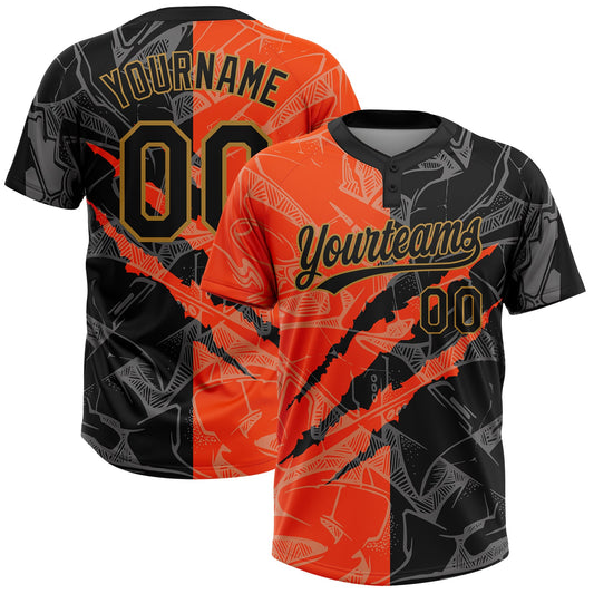 Custom Graffiti Pattern Black-Old Gold 3D Two-Button Unisex Softball Jersey - Main View