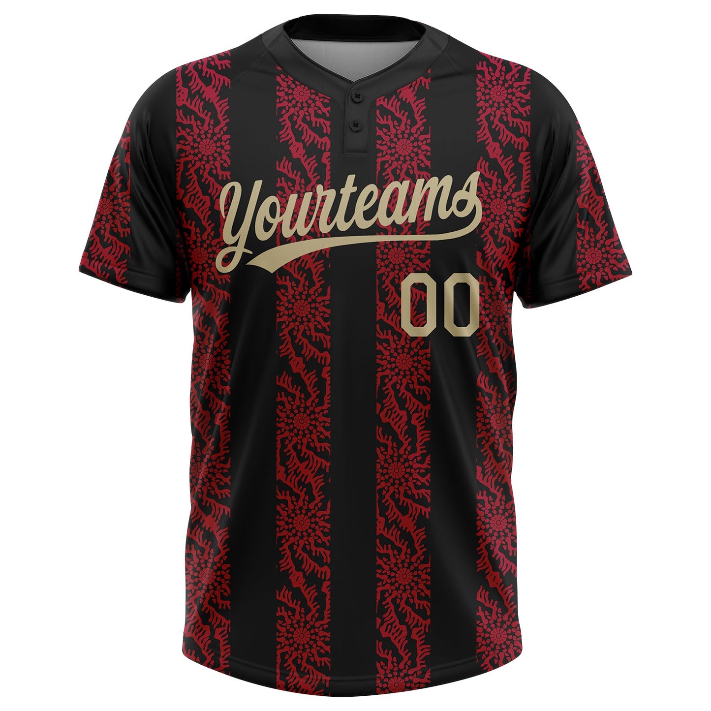 Custom Black Vegas Gold-Red 3D Pattern Two-Button Unisex Softball Jersey view 2