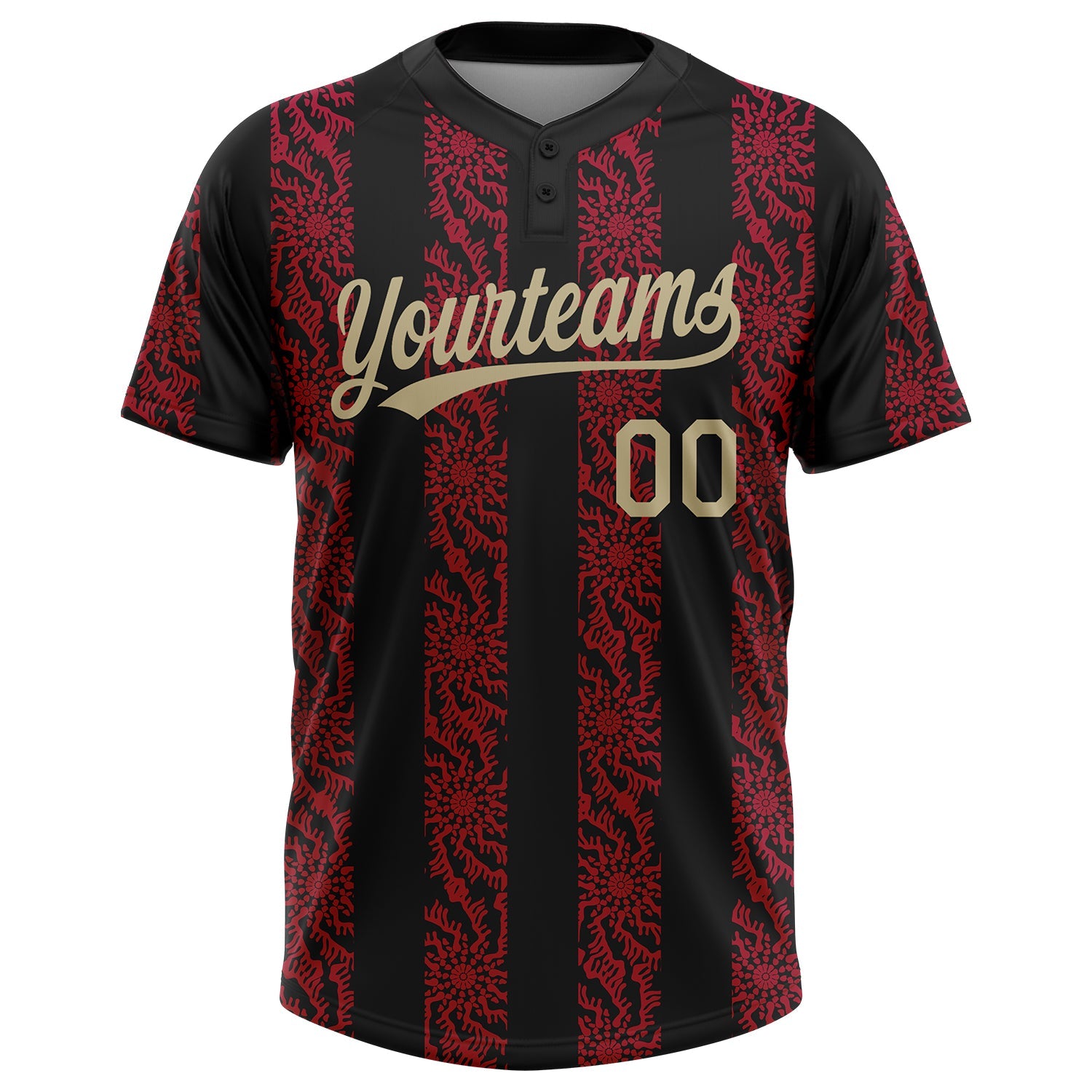 Custom Black Vegas Gold-Red 3D Pattern Two-Button Unisex Softball Jersey view 2