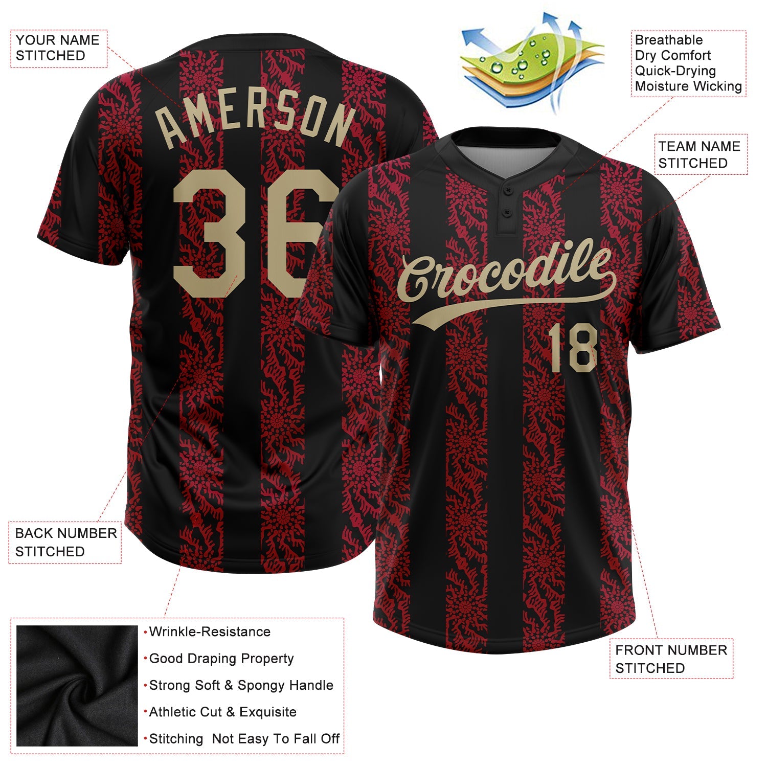 Custom Black Vegas Gold-Red 3D Pattern Two-Button Unisex Softball Jersey view 3