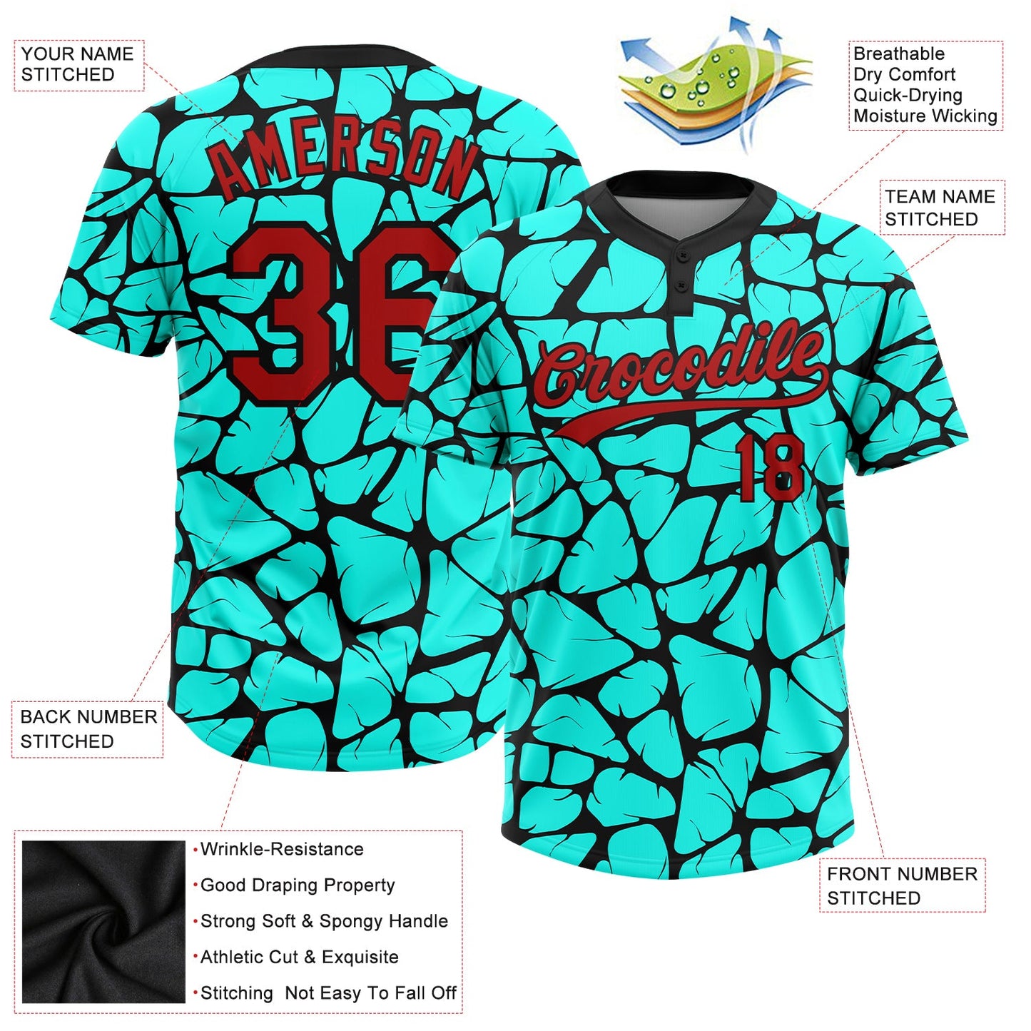 Custom Aqua Red-Black 3D Pattern Two-Button Unisex Softball Jersey view 3