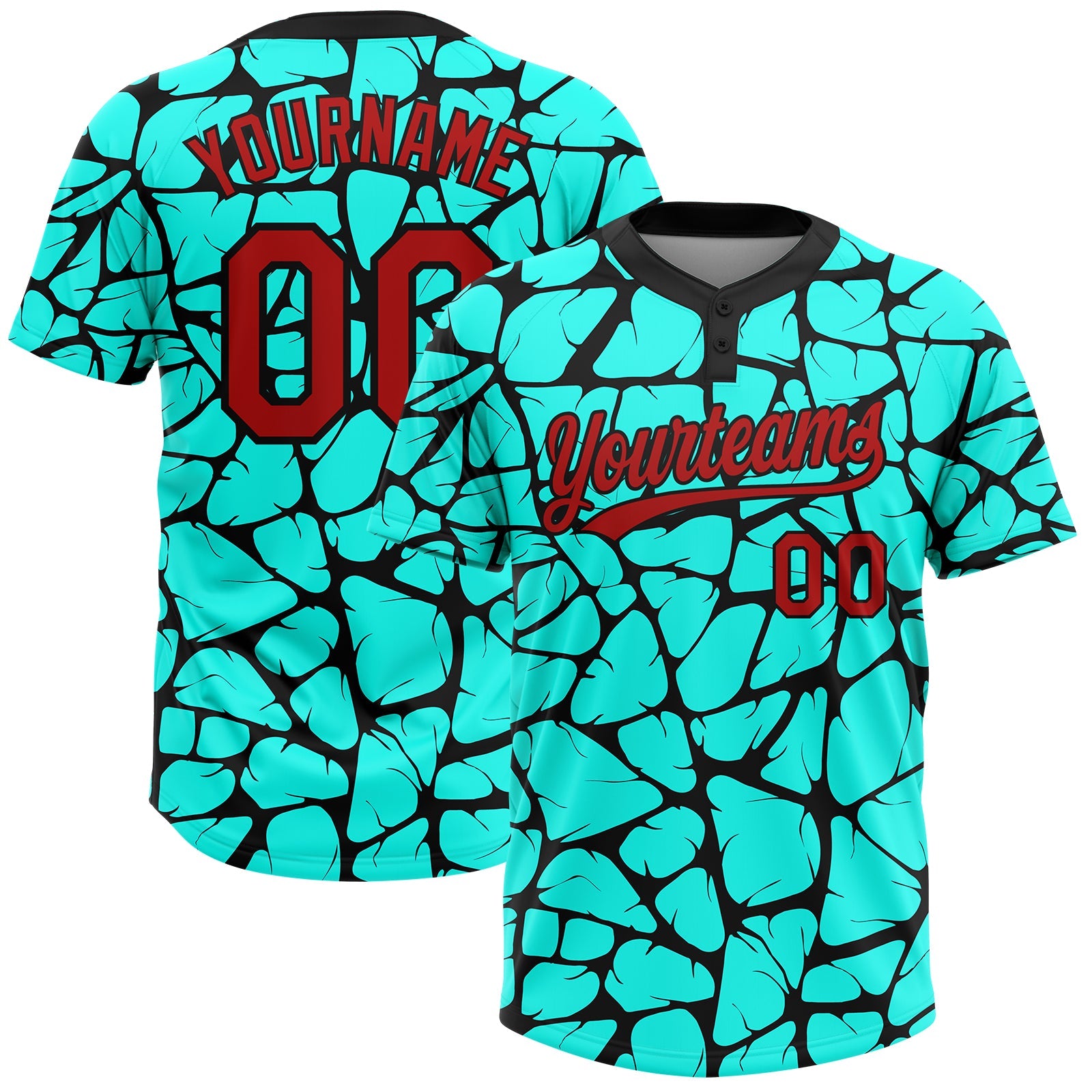 Custom Aqua Red-Black 3D Pattern Two-Button Unisex Softball Jersey - Main View