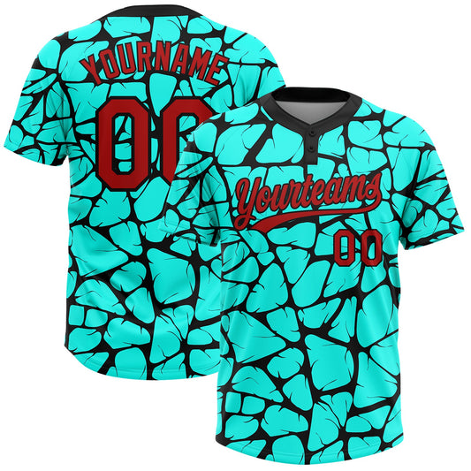 Custom Aqua Red-Black 3D Pattern Two-Button Unisex Softball Jersey - Main View
