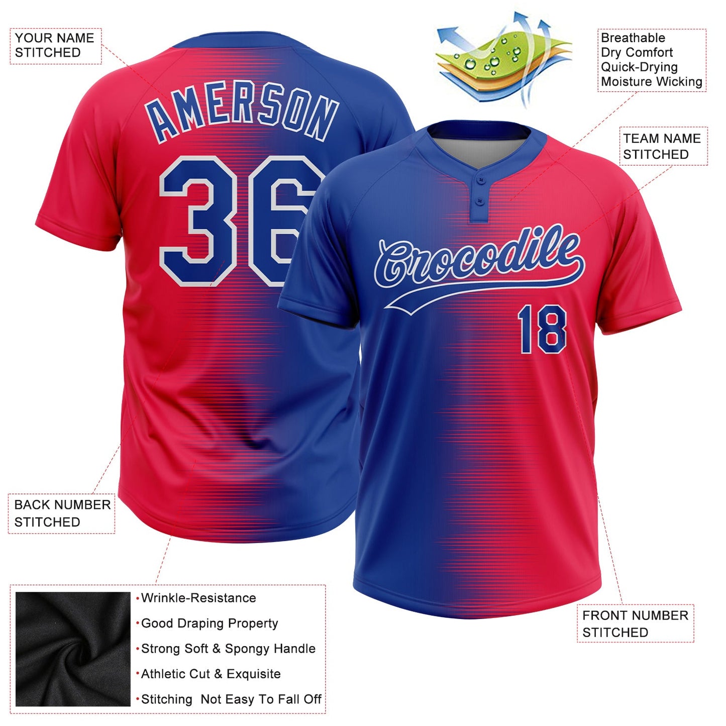 Custom Red Royal-White 3D Pattern Two-Button Unisex Softball Jersey view 3
