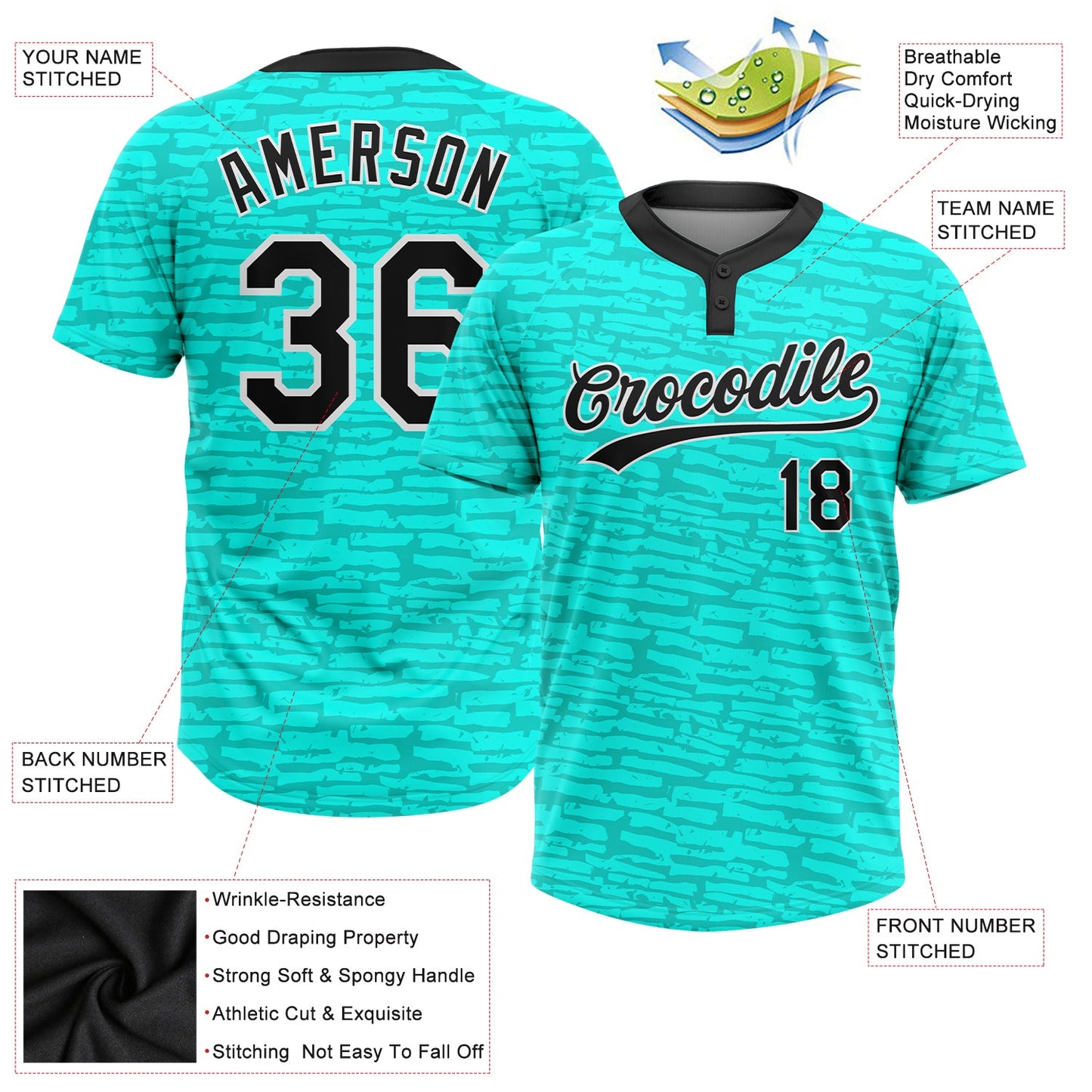 Custom Teal Black-White 3D Pattern Two-Button Unisex Softball Jersey view 3
