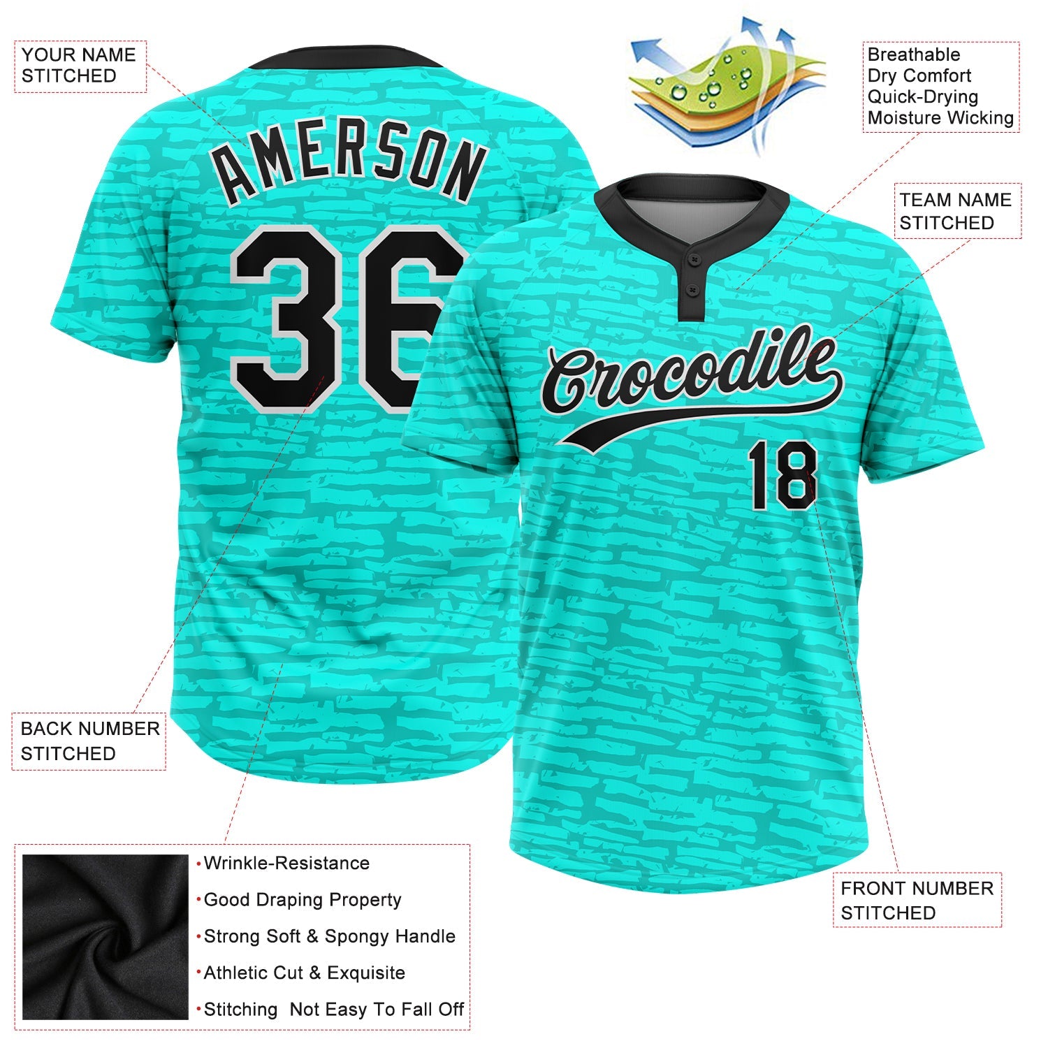 Custom Teal Black-White 3D Pattern Two-Button Unisex Softball Jersey view 3