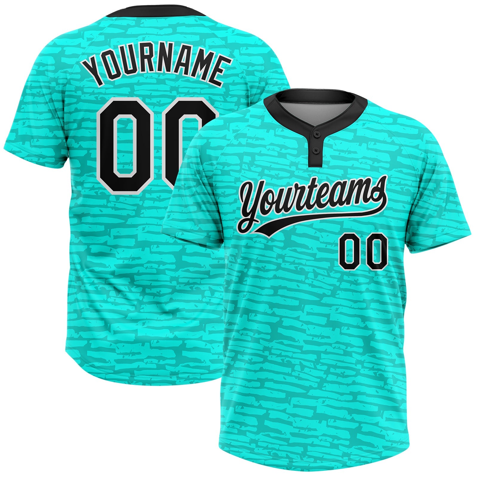 Custom Teal Black-White 3D Pattern Two-Button Unisex Softball Jersey - Main View
