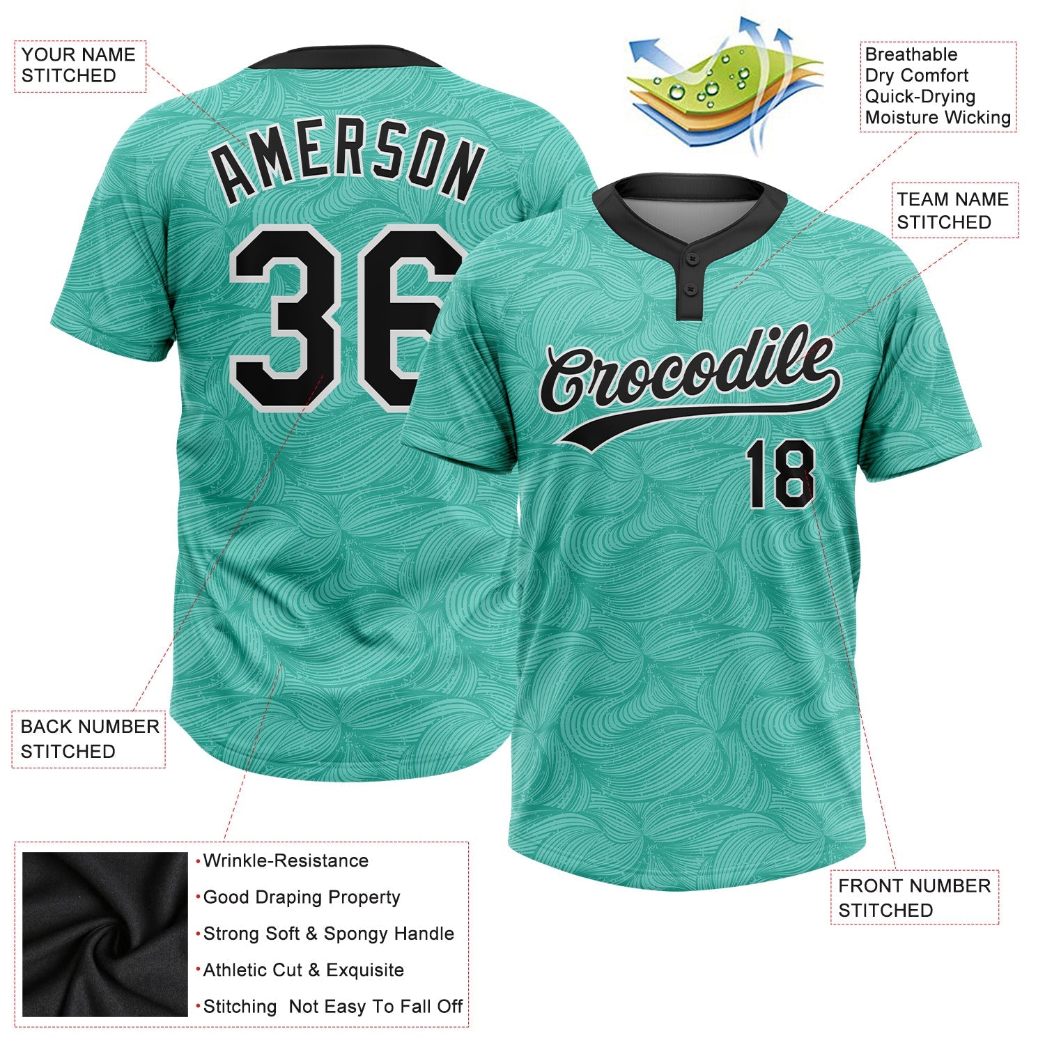 Custom Teal Black-White 3D Pattern Two-Button Unisex Softball Jersey view 3