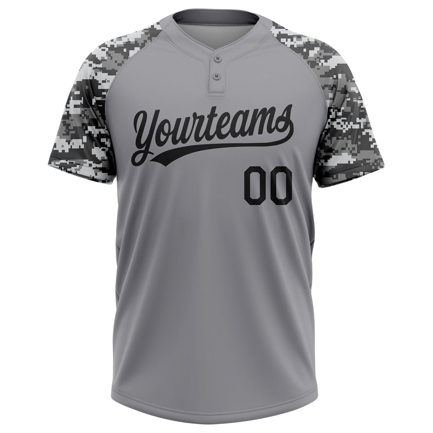 Custom Gray Black Camo Raglan Sleeves Two-Button Unisex Softball Jersey view 2
