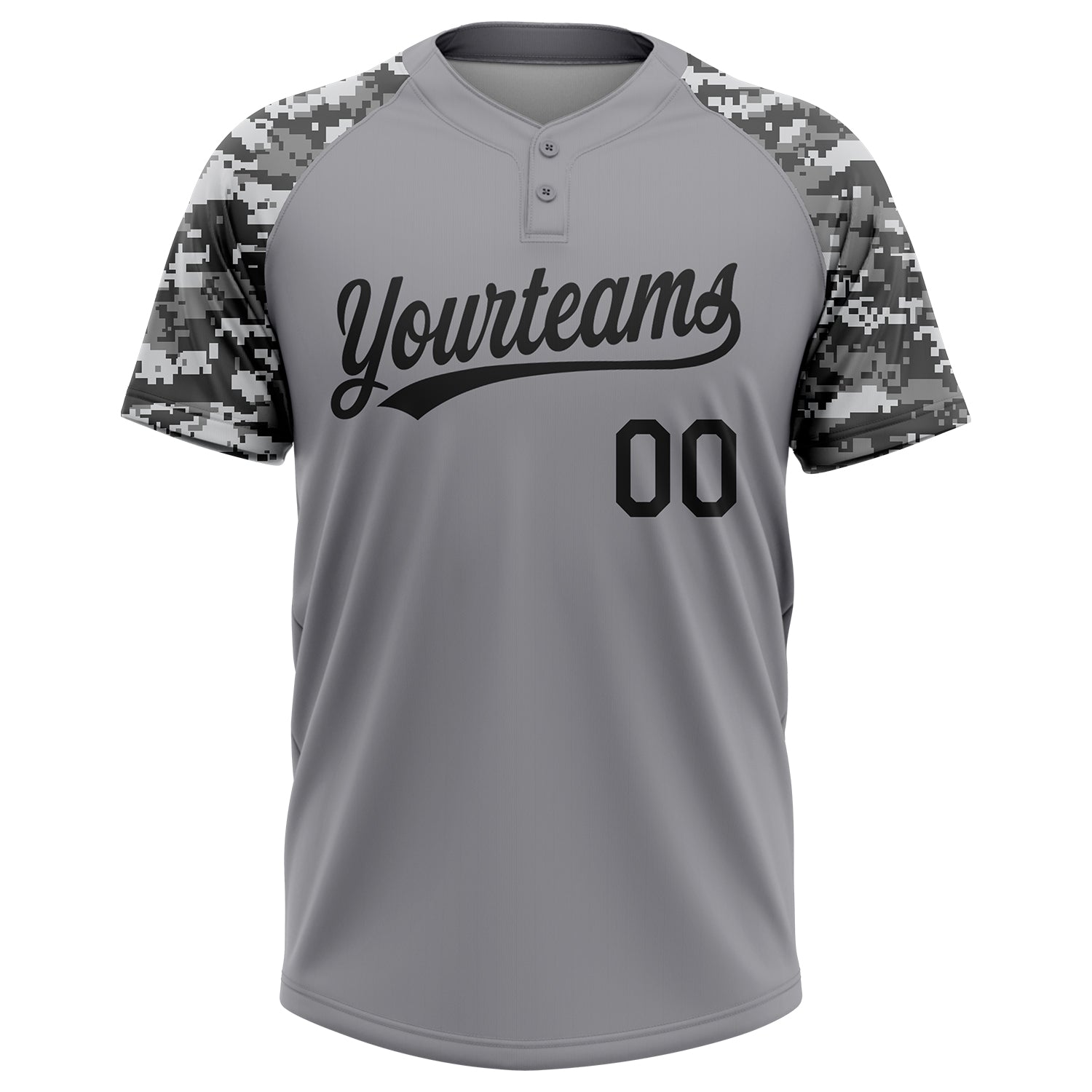Custom Gray Black Camo Raglan Sleeves Two-Button Unisex Softball Jersey view 2