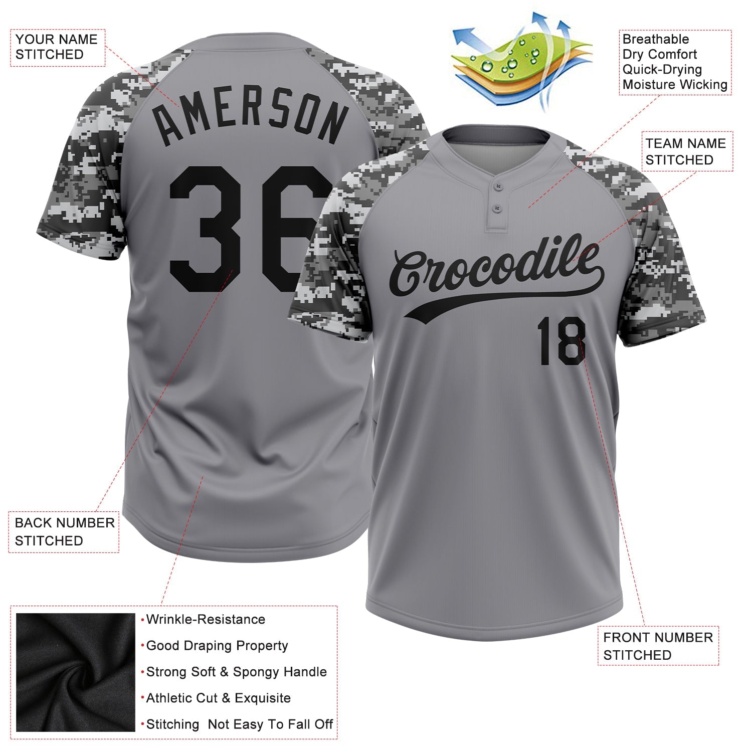 Custom Gray Black Camo Raglan Sleeves Two-Button Unisex Softball Jersey view 3