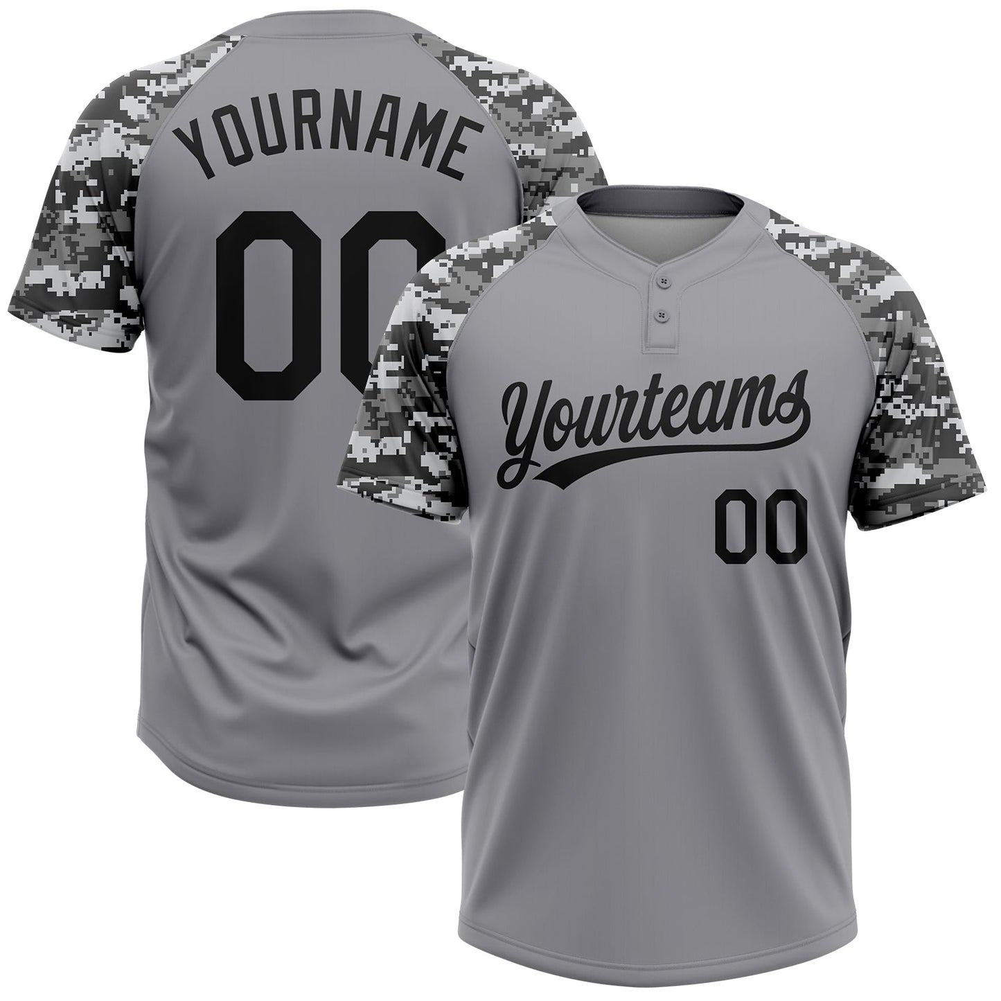 Custom Gray Black Camo Raglan Sleeves Two-Button Unisex Softball Jersey - Main View